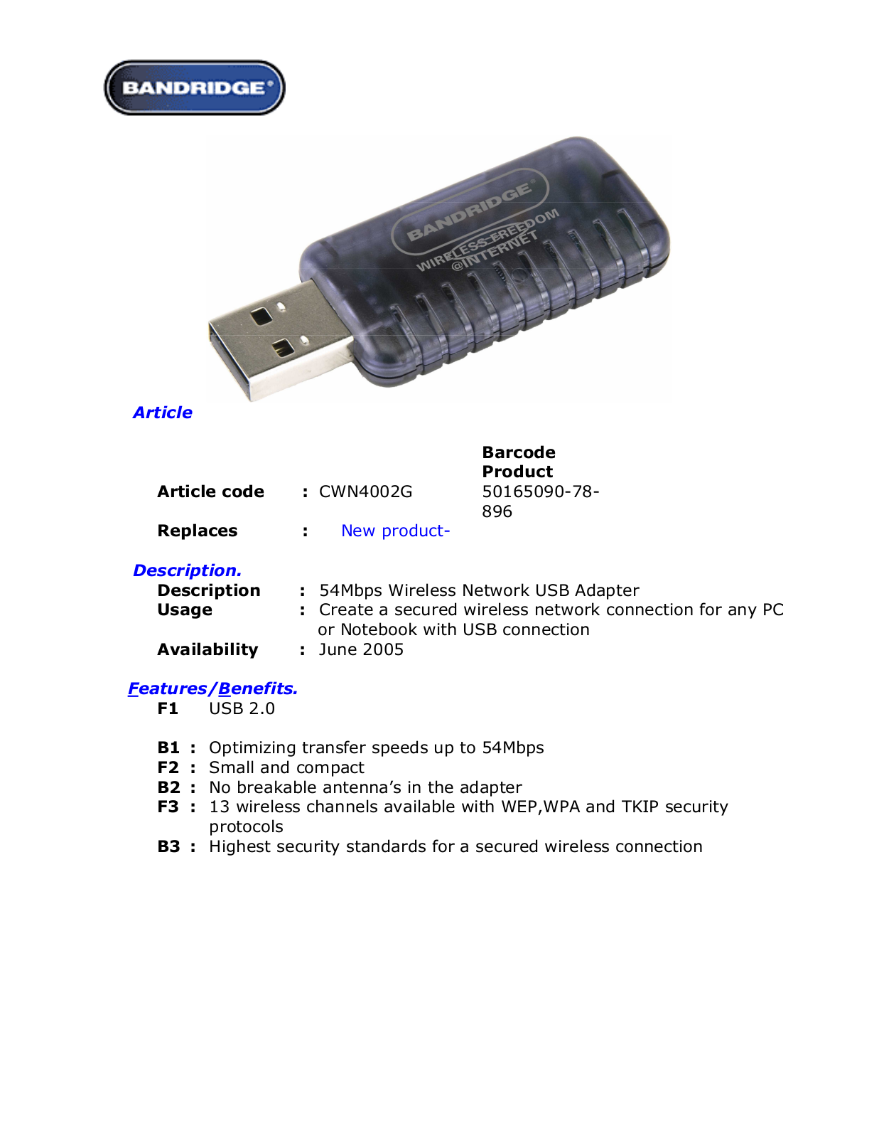 BANDRIDGE NETWORK USB ADAPTOR User Manual