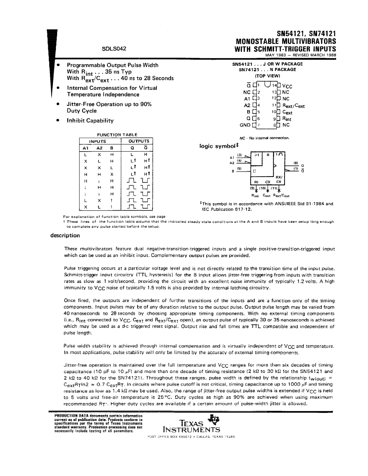 Datasheet SN54121J, SN74121N, SN74121N3, SN74121D, SN74121DR Datasheet (Texas Instruments) - ManualMachine.com