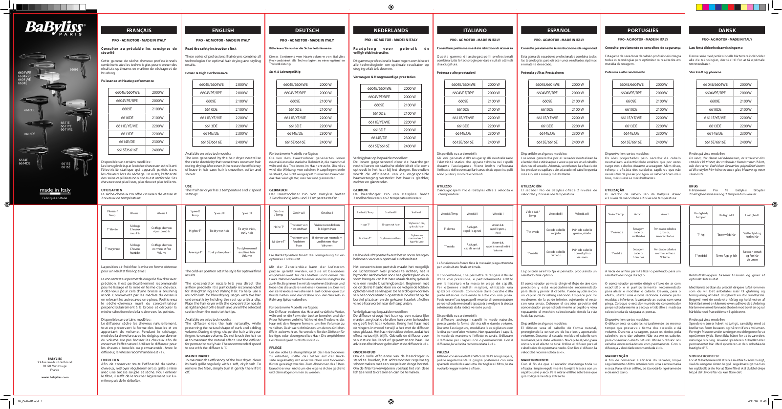 BaByliss 6604WE, 6604VPE, 6611YE, 6611VIE User Manual