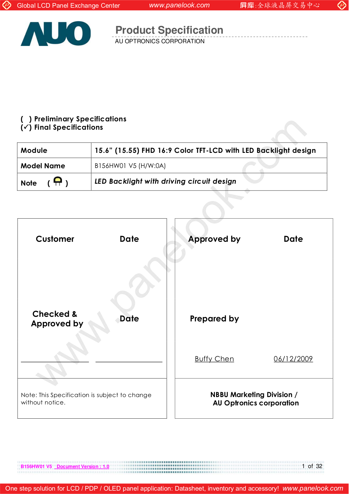 AUO B156HW01 V5 Specification