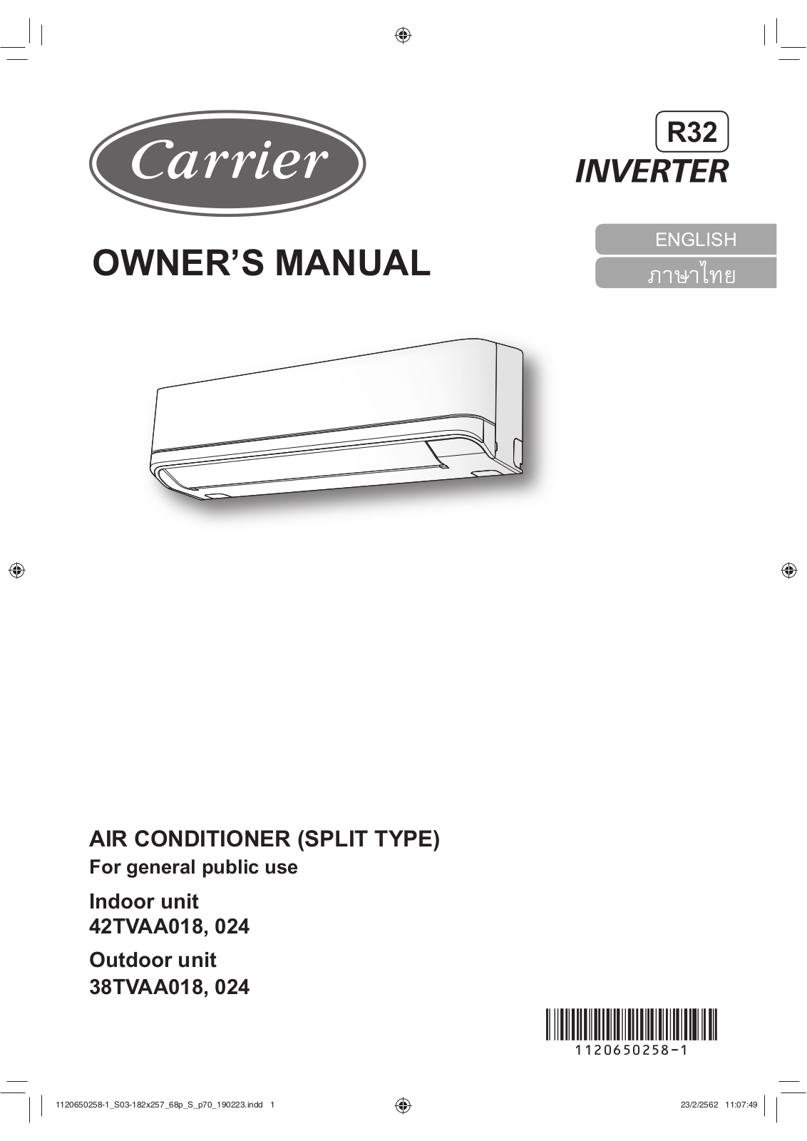 Carrier 42TVAA018, 38TVAA018 User Manual