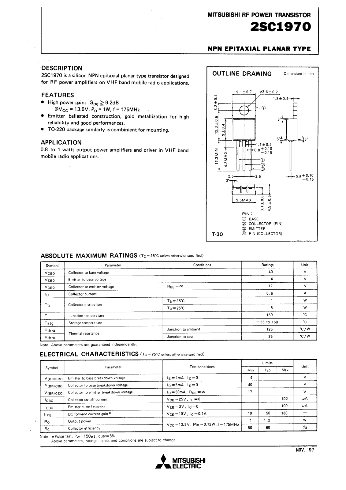 Mitsubishi Electric Corporation Semiconductor Group 2SC1970 Datasheet