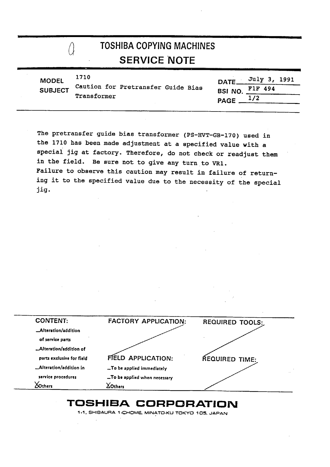 Toshiba f1f494 Service Note