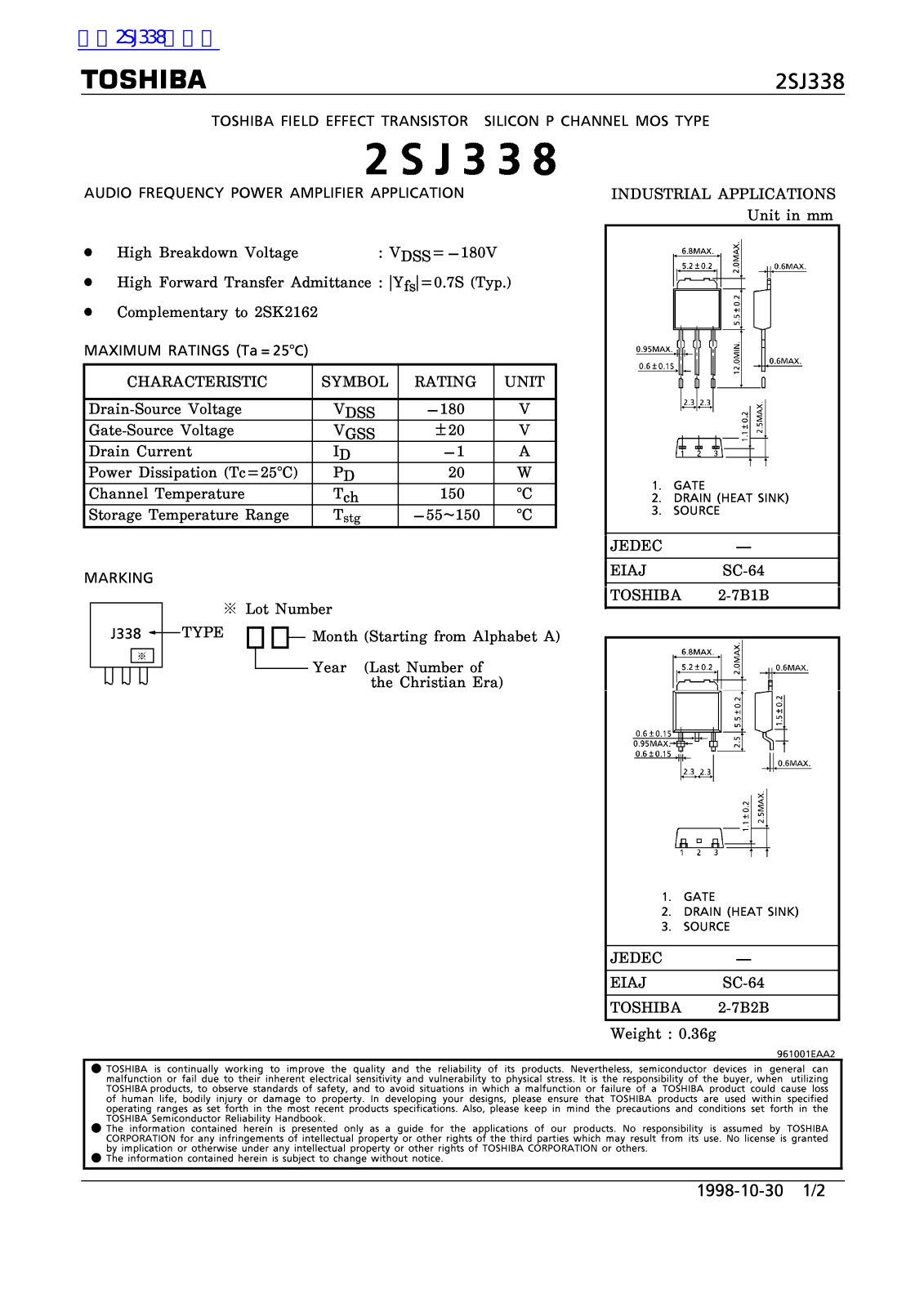 TOSHIBA 2SJ338 Technical data