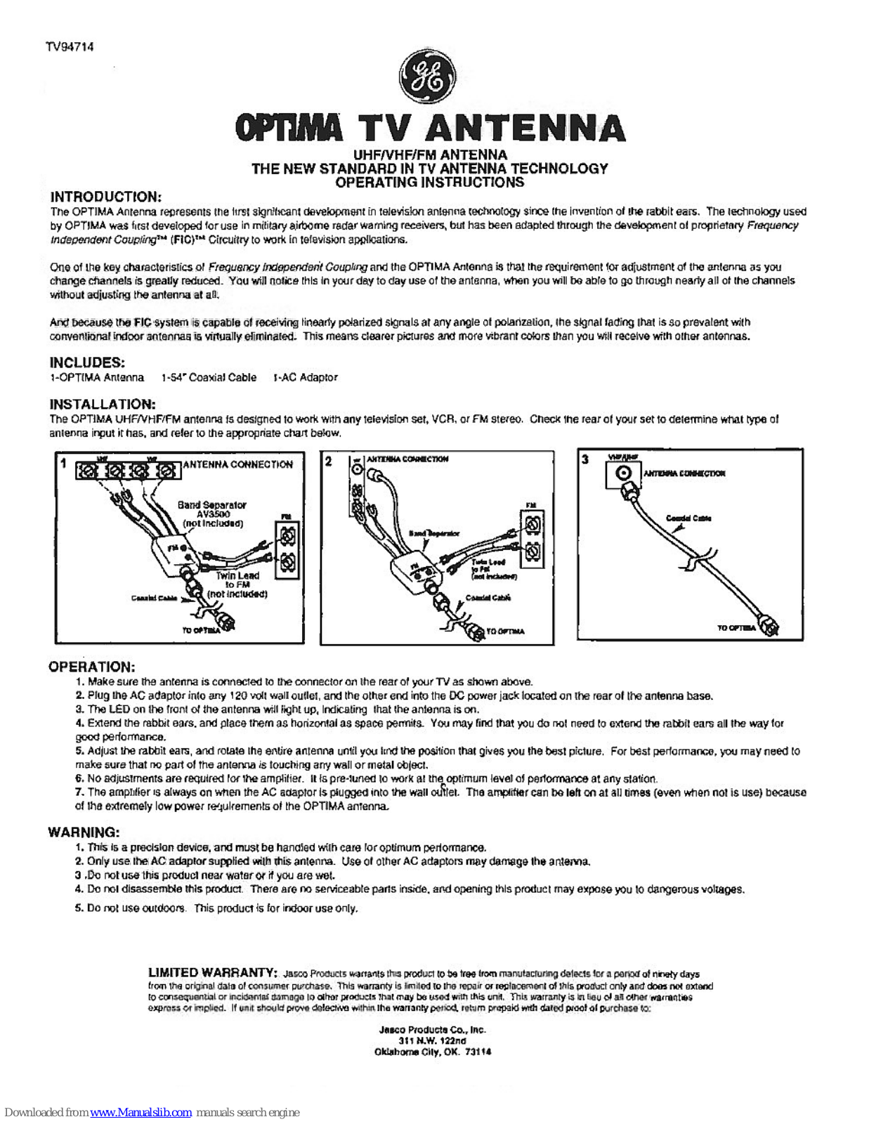 GE Optima 24714, Optima TV94714 Operating Instructions Manual