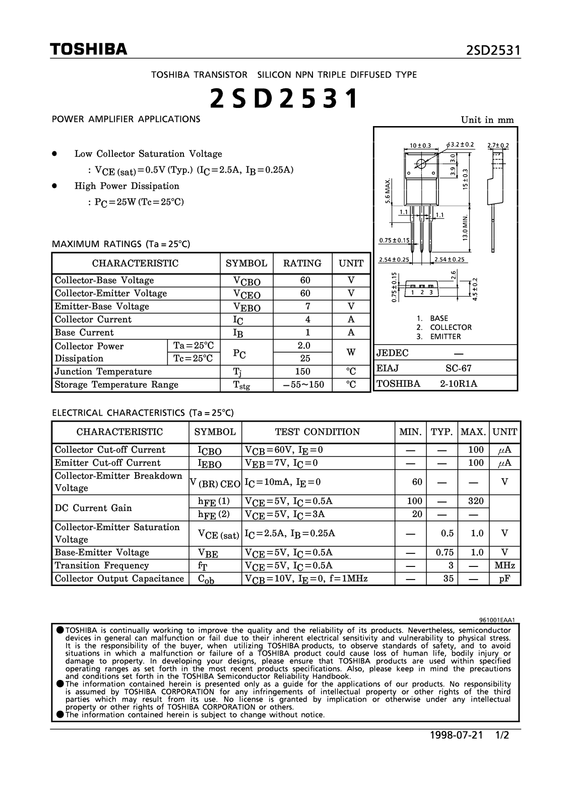 Toshiba 2SD2531 Datasheet