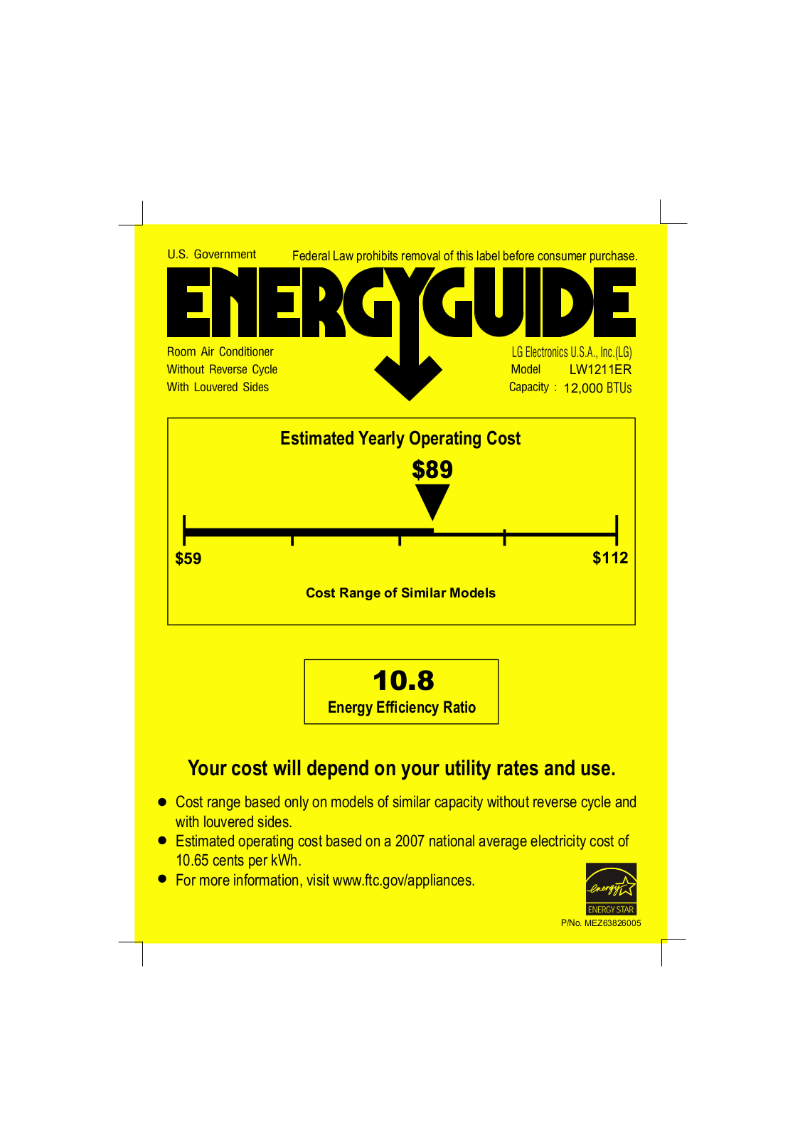 LG LW1211ER Energy Guide