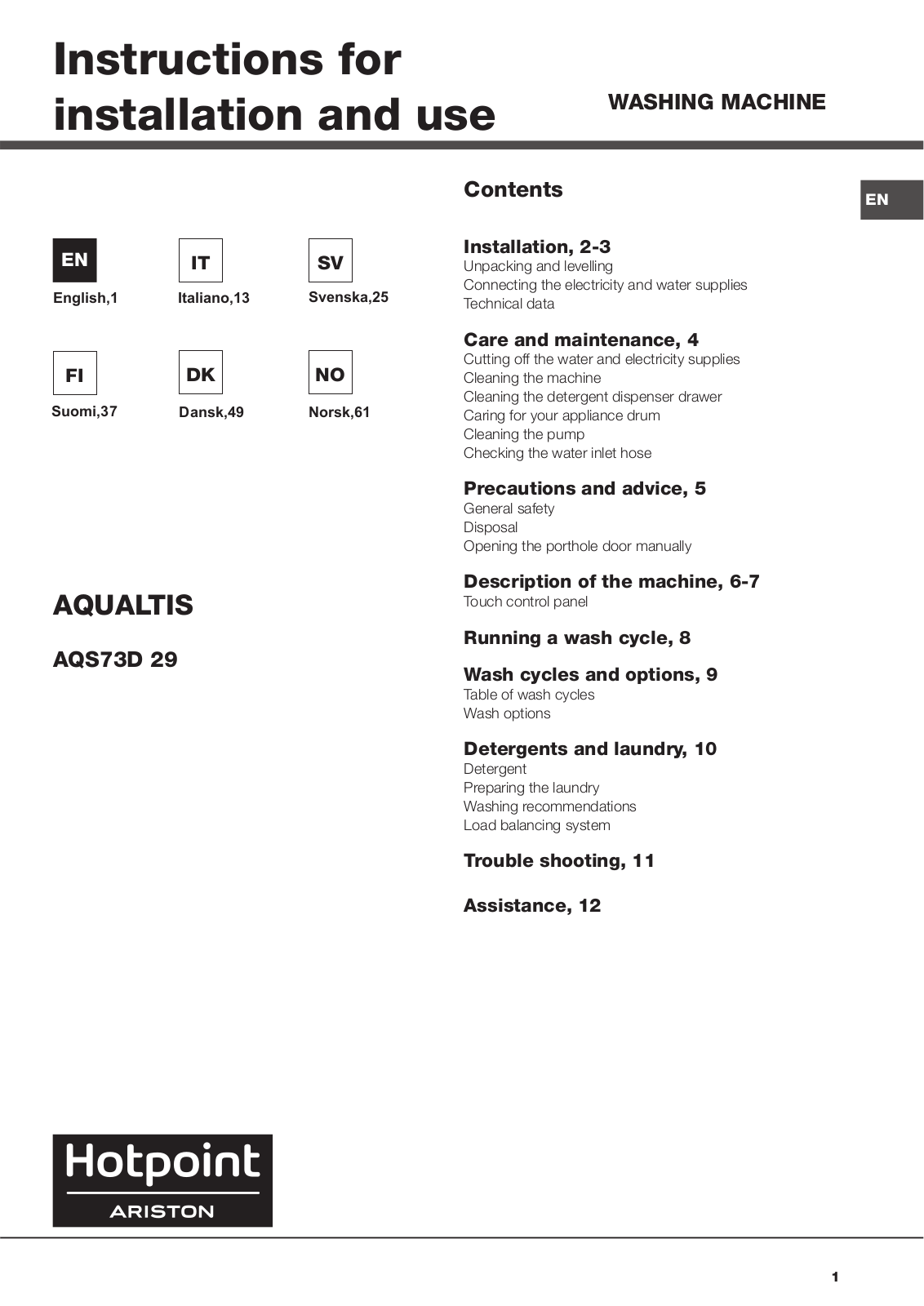 HOTPOINT/ARISTON AQS73D 29 EU/A User Manual