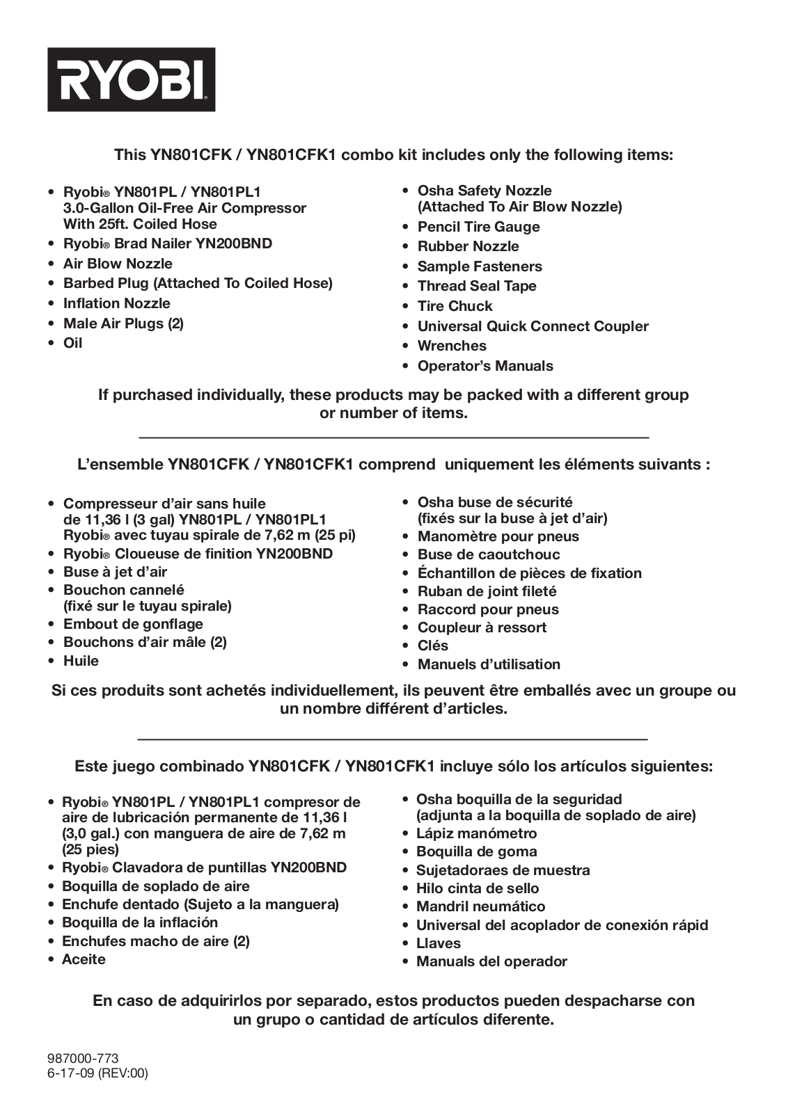 Ryobi YN801CFK, YN801CFK1 Owner's Manual