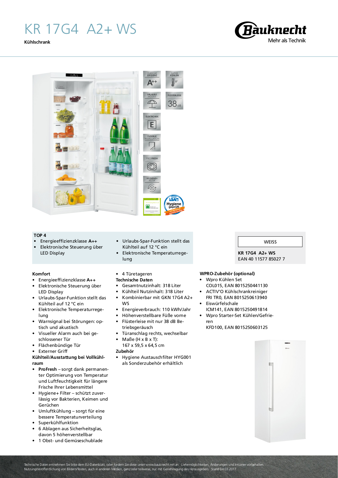 Bauknecht KR 17G4 A2+ WS User Manual