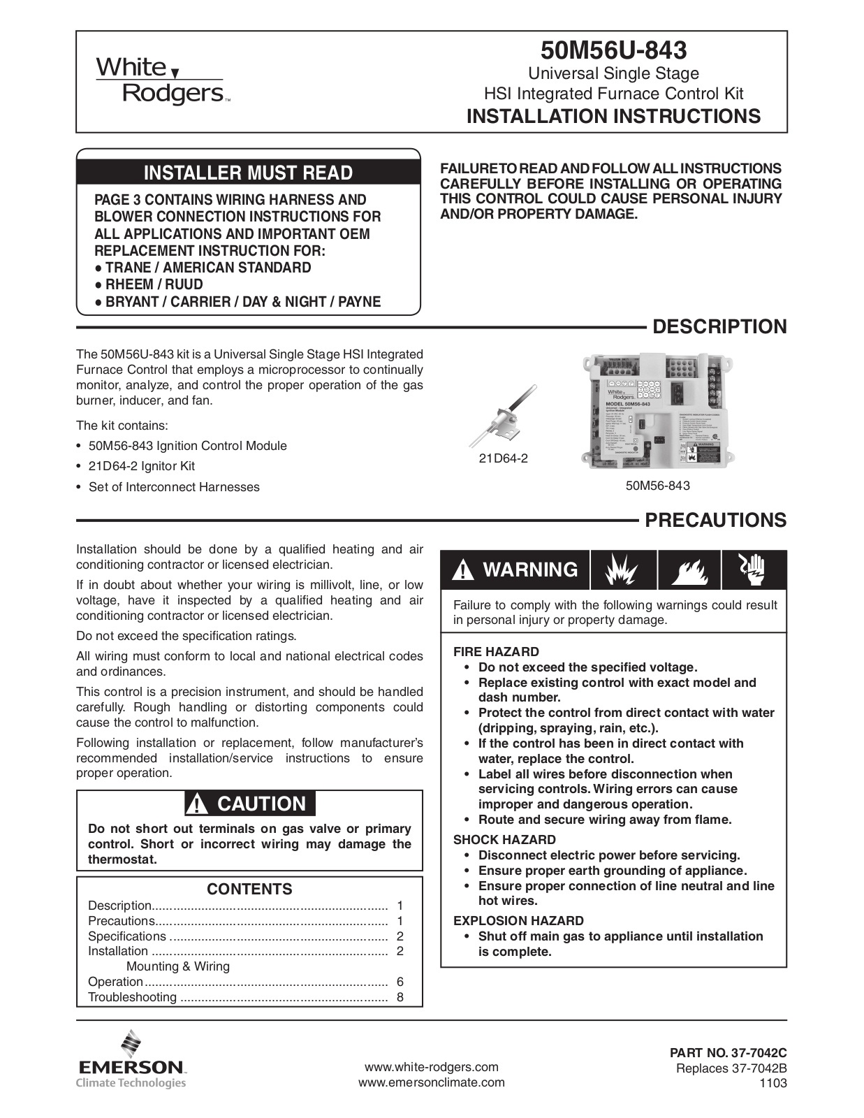 White Rodgers 50M56U-843 User Manual