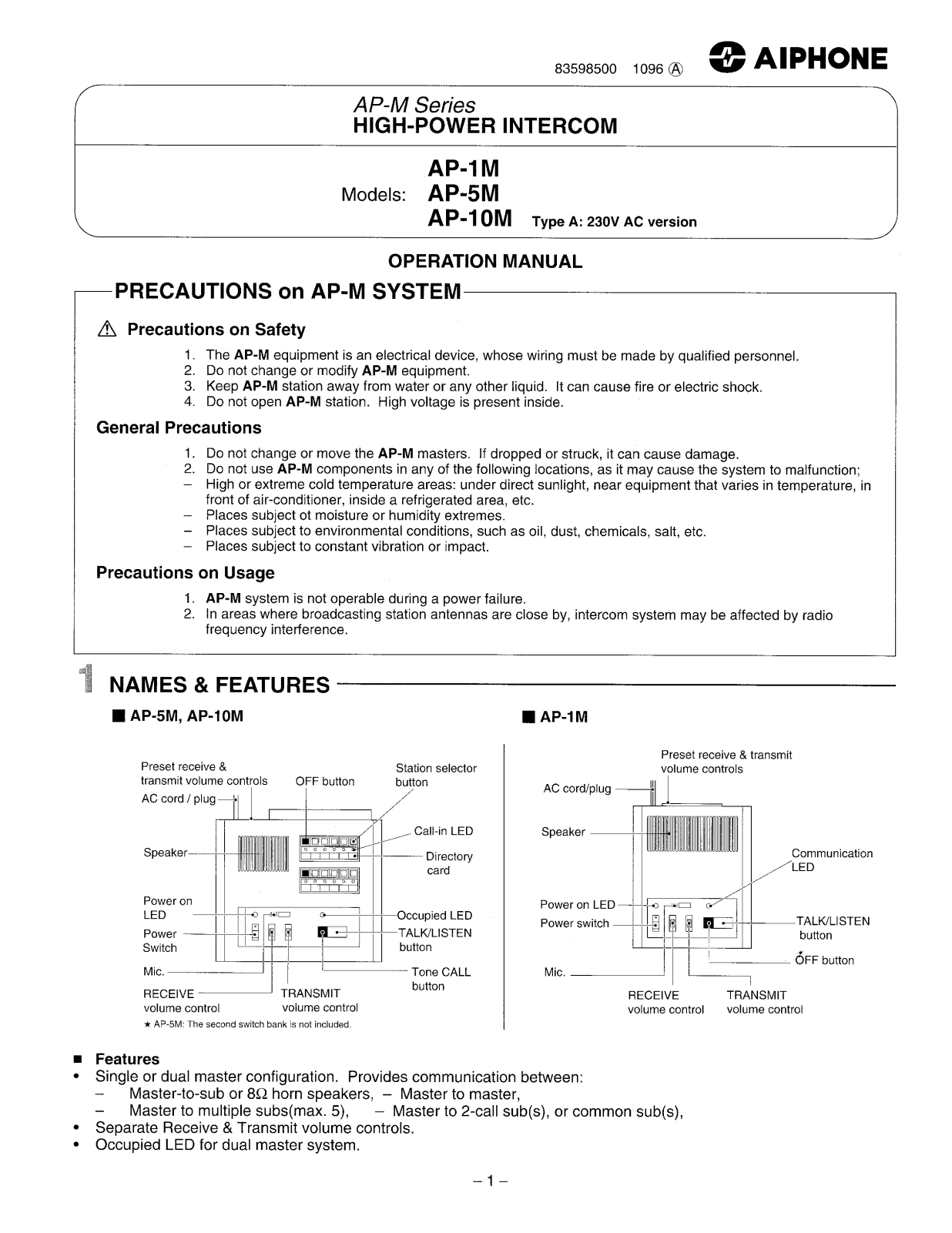 Aiphone Ap-5m, AP-1M User Manual 3