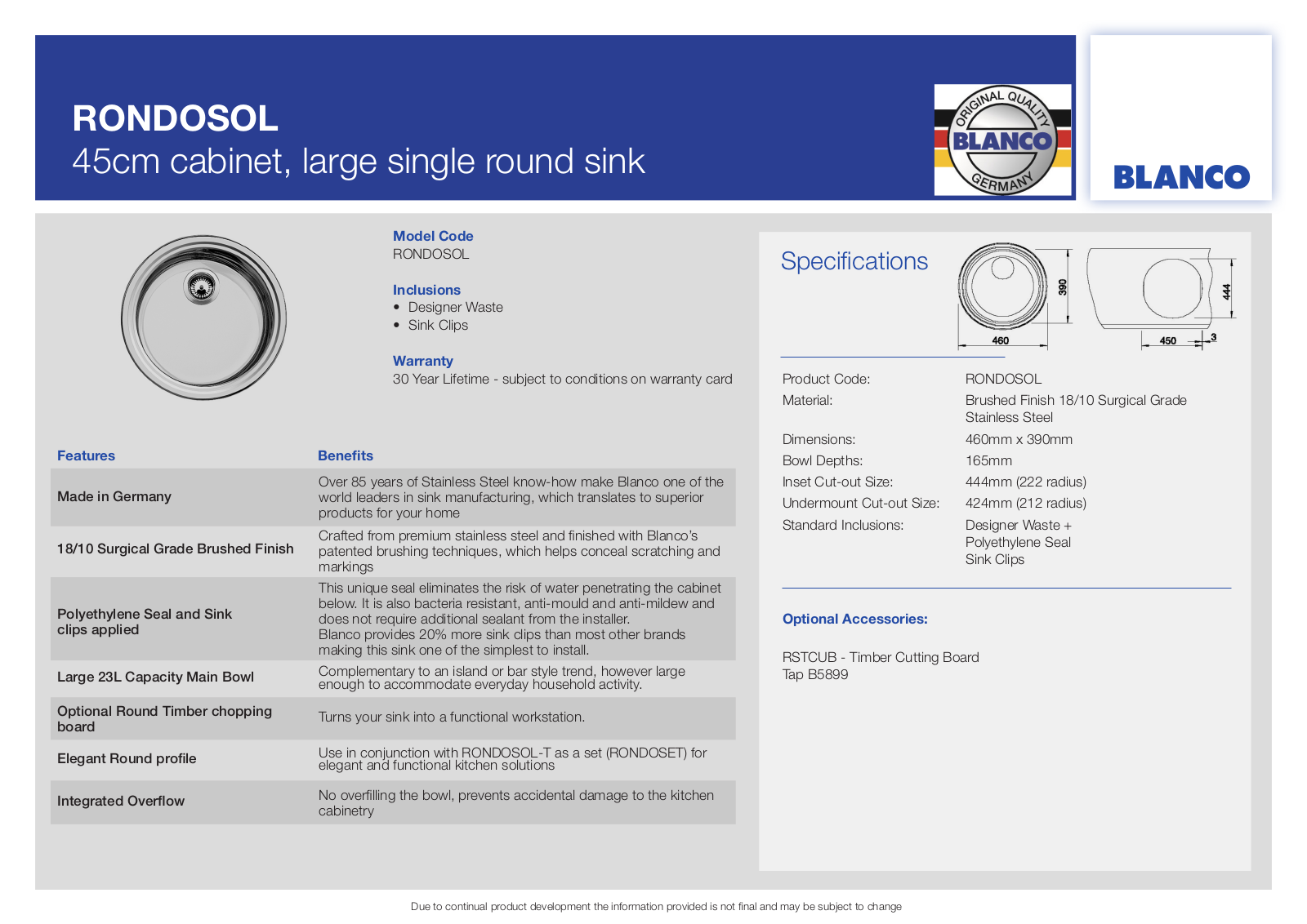 Blanco RONDOSOL Specifications Sheet