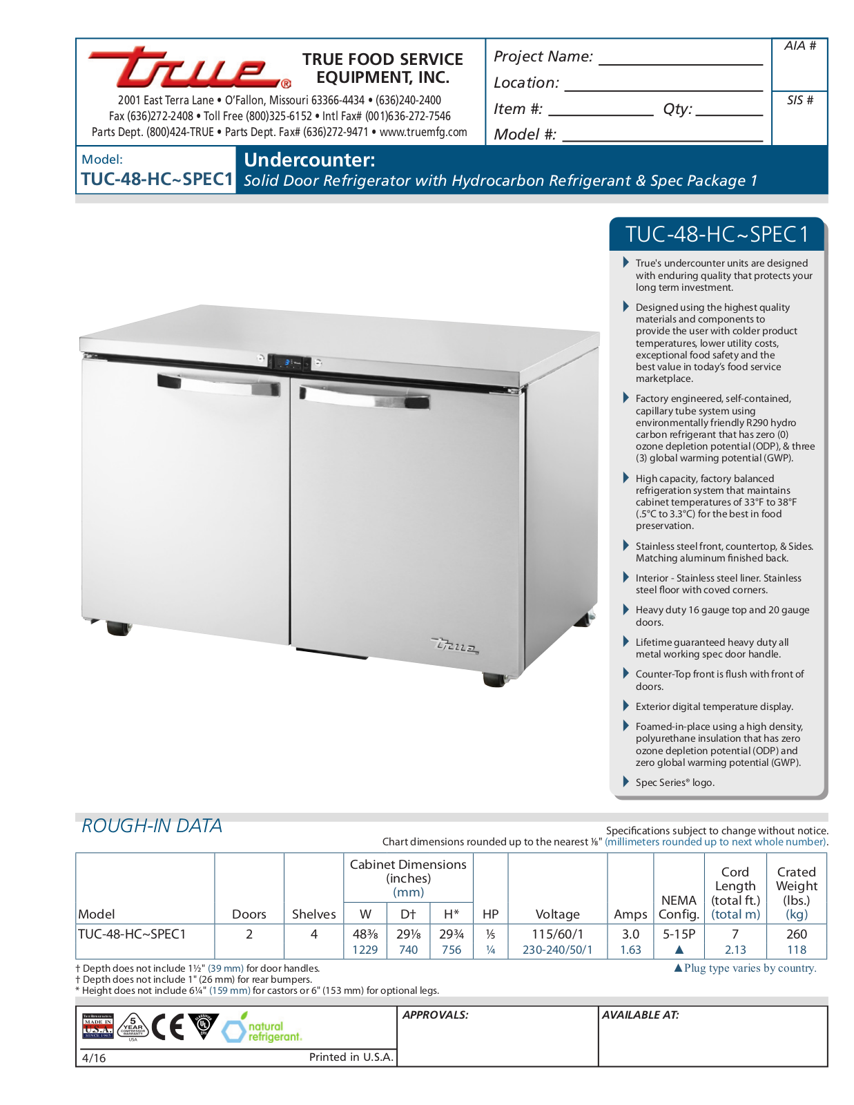 True TUC-48-HC User Manual