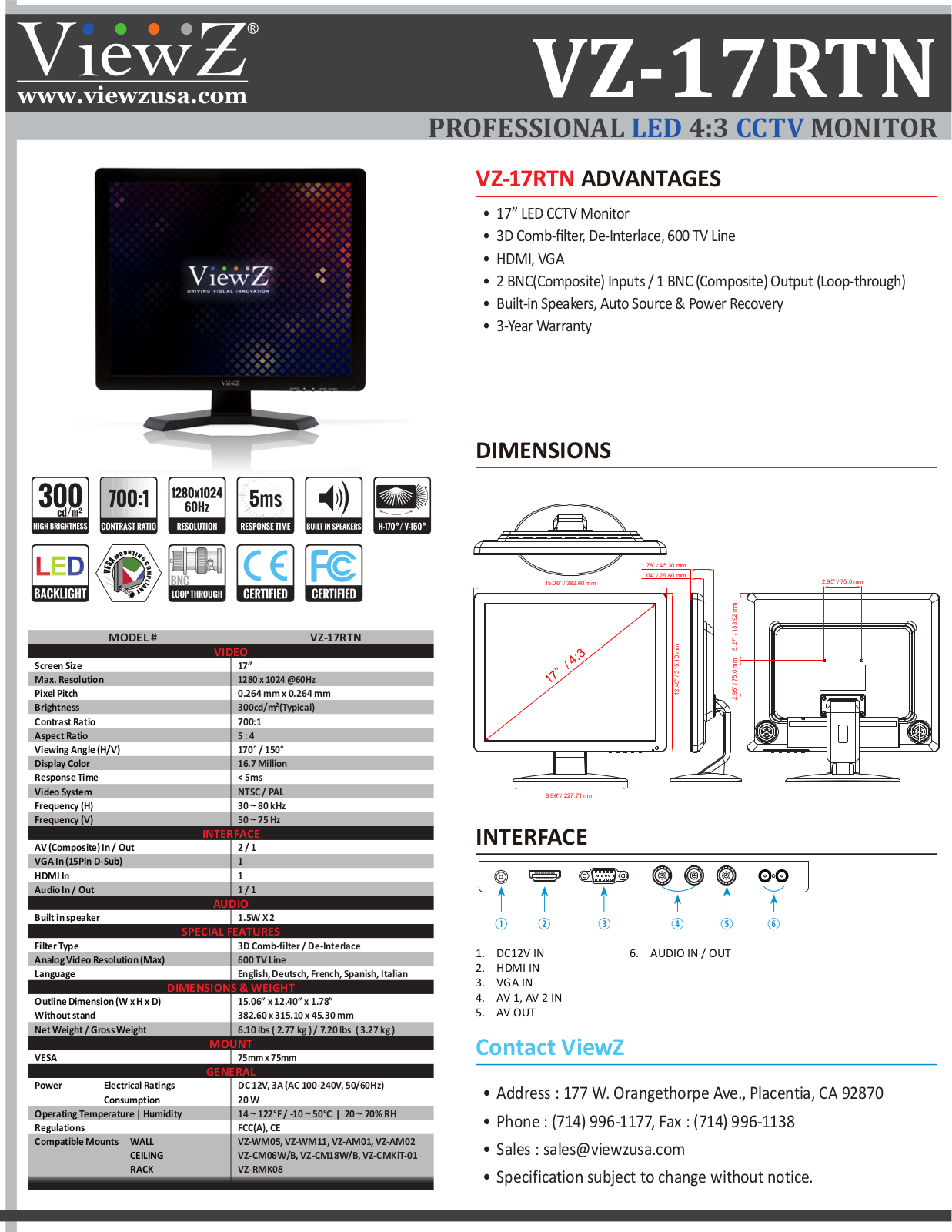 ViewZ VZ-17RTN Specsheet