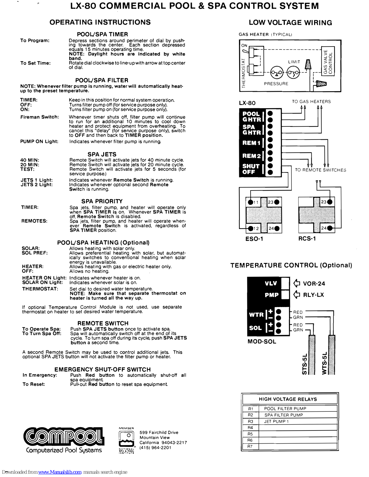 Compool Commercial Pool & Spa Control System LX-80, LX-80 Operating Instructions Manual