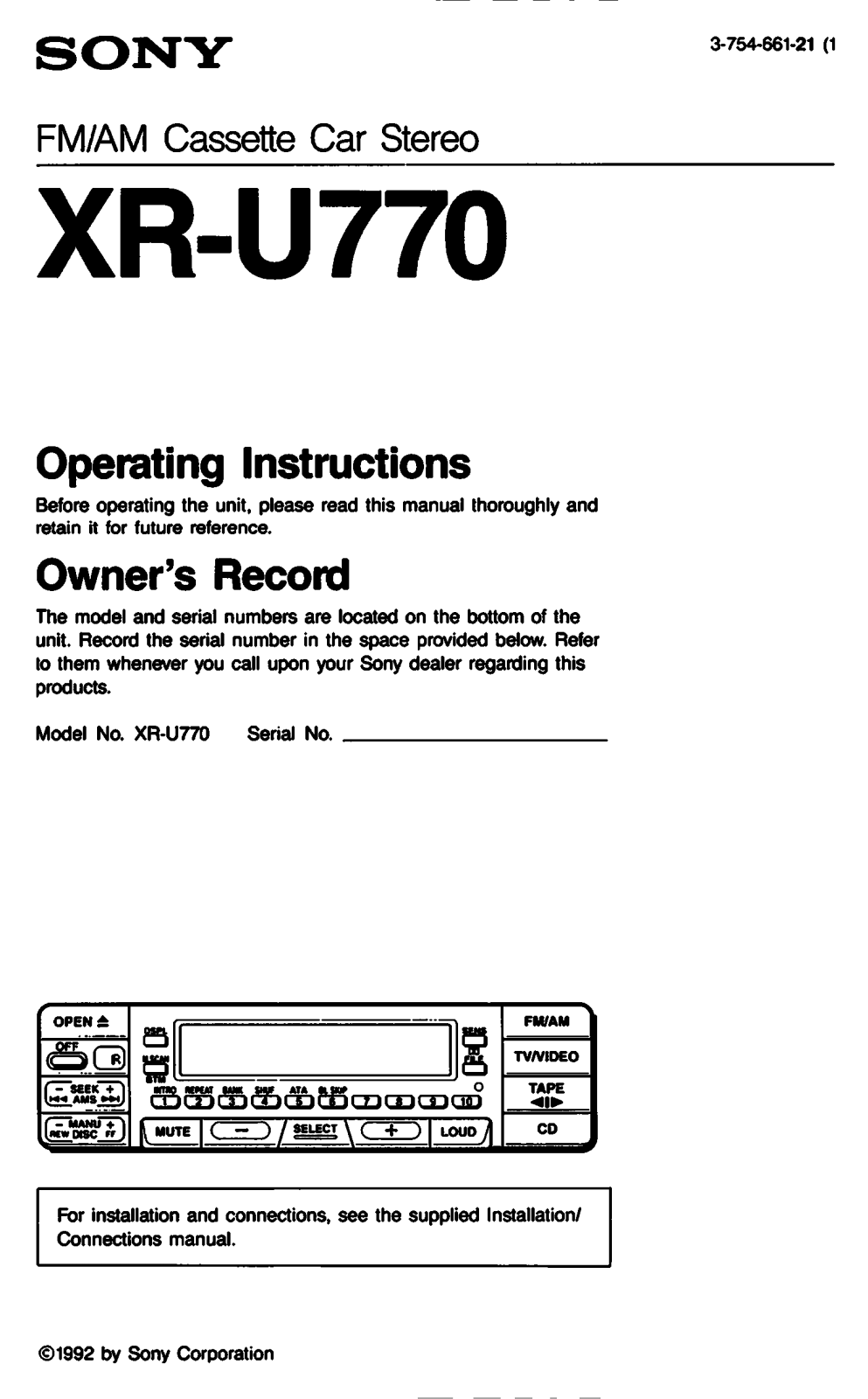 Sony XR-U770 Operating Manual