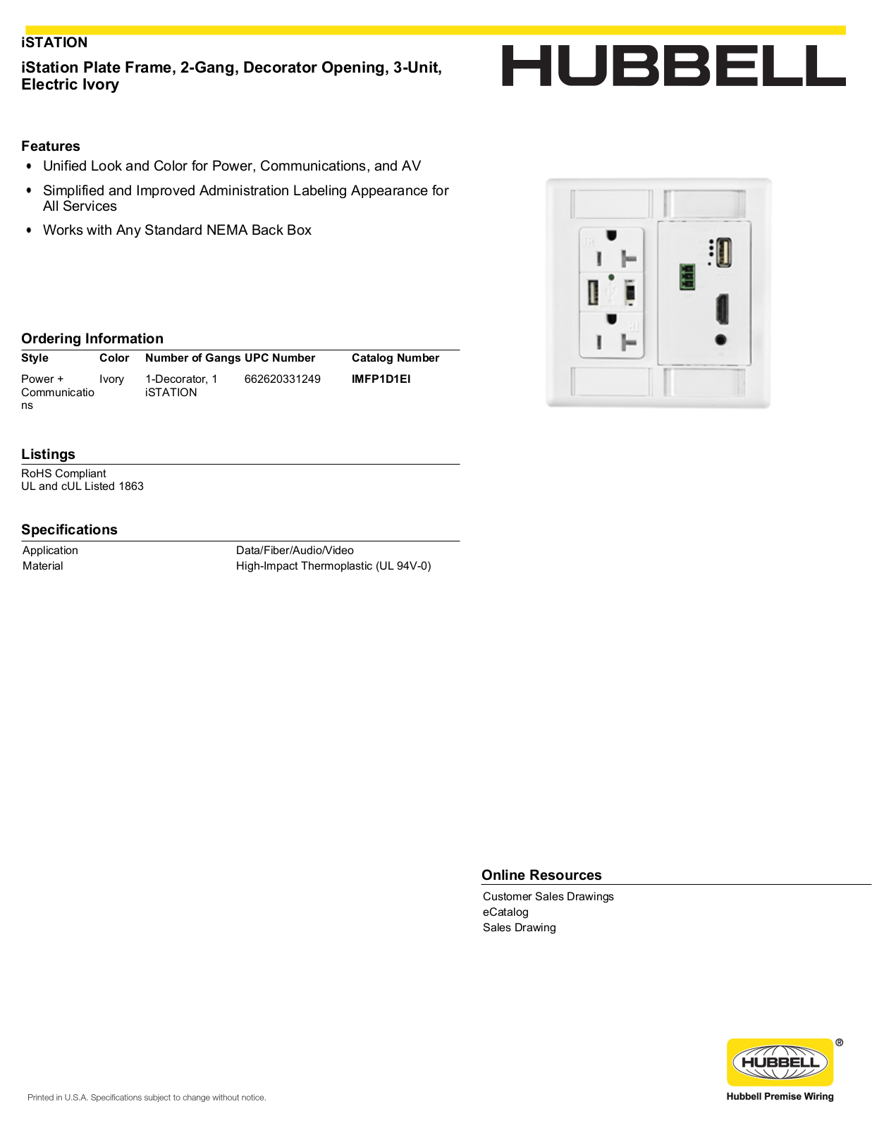 Hubbell IMFP1D1EI Specifications