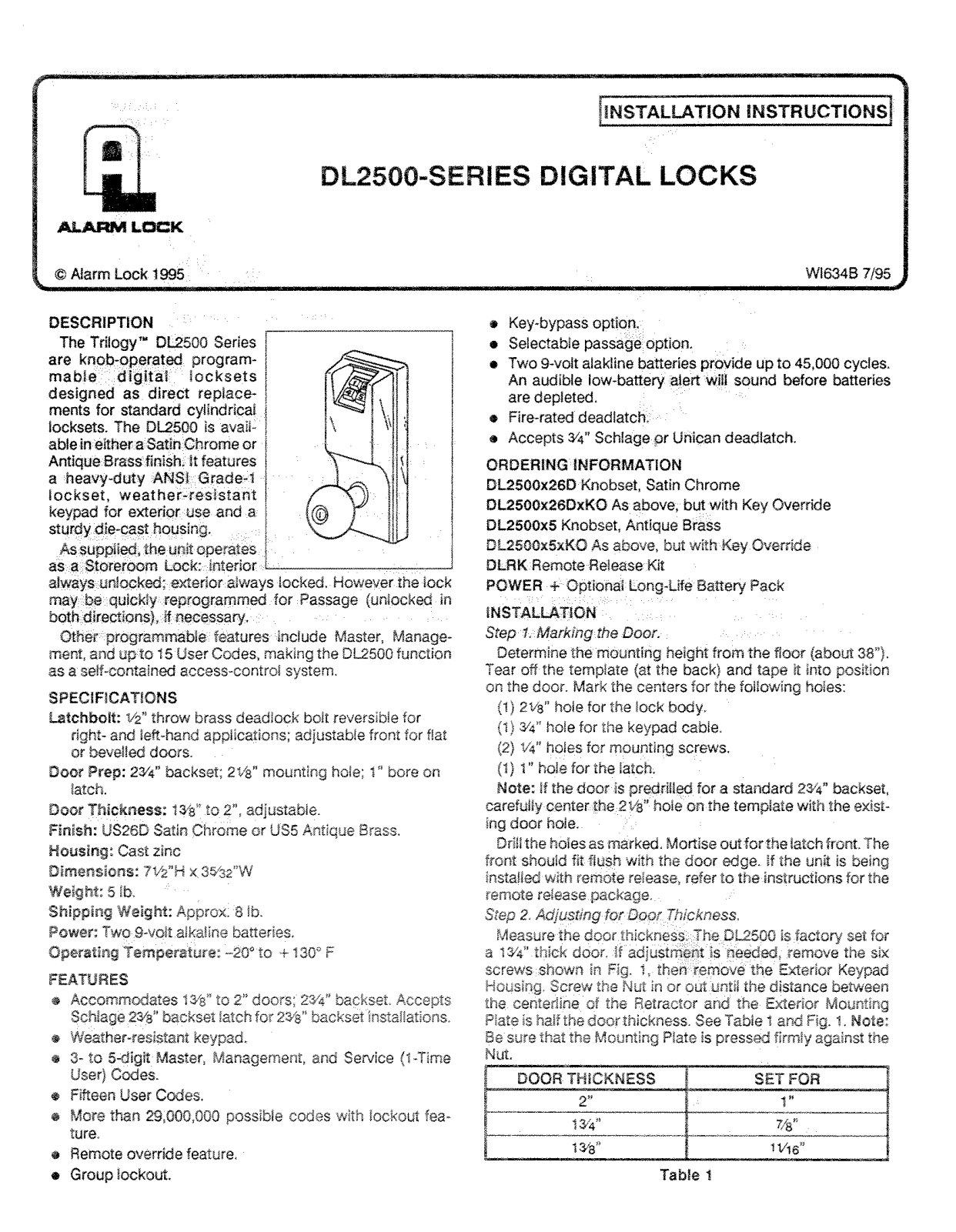 Alarm Lock DL2500 Installation Instruction