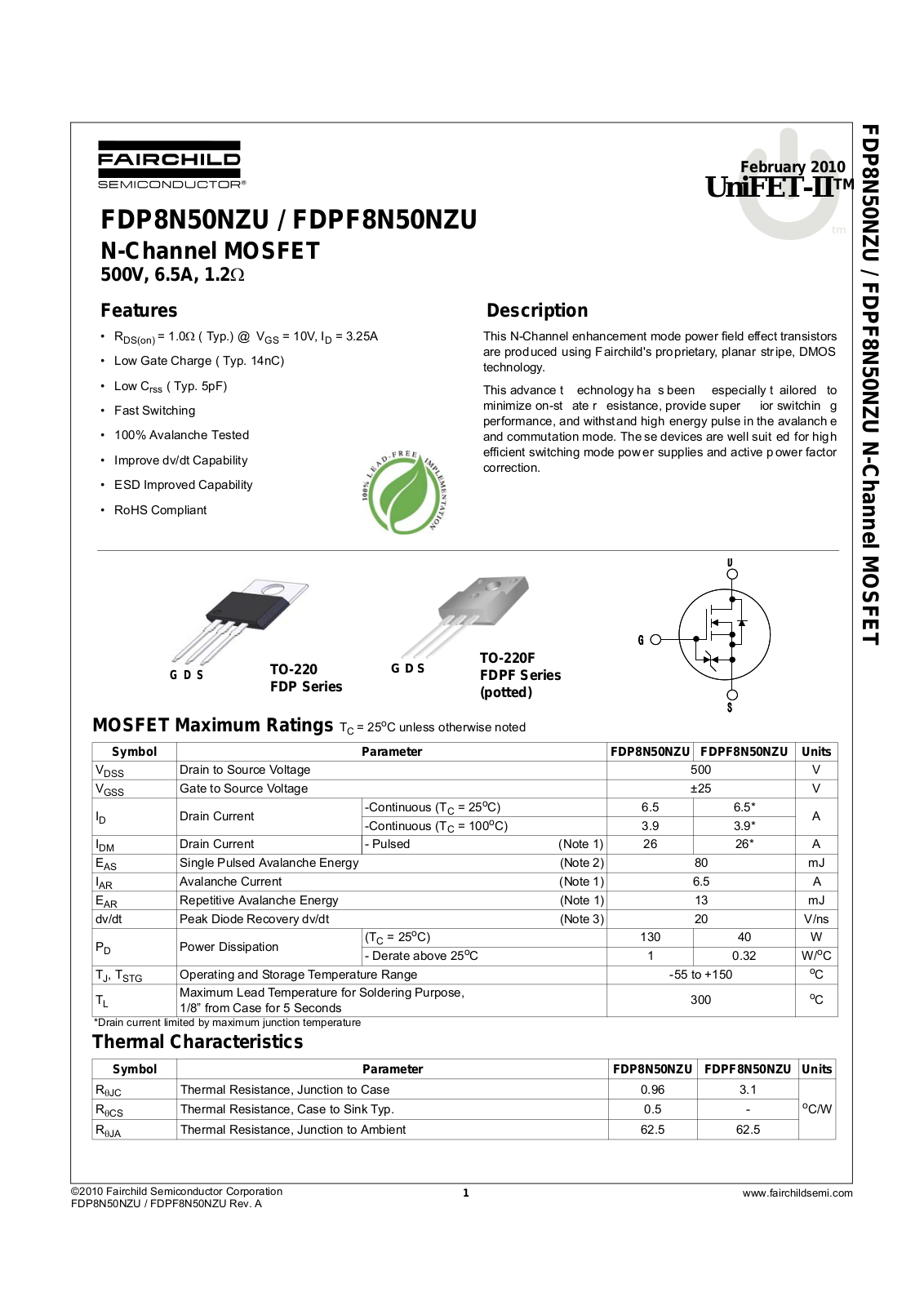 Fairchild FDP8N50NZU, FDPF8N50NZU service manual