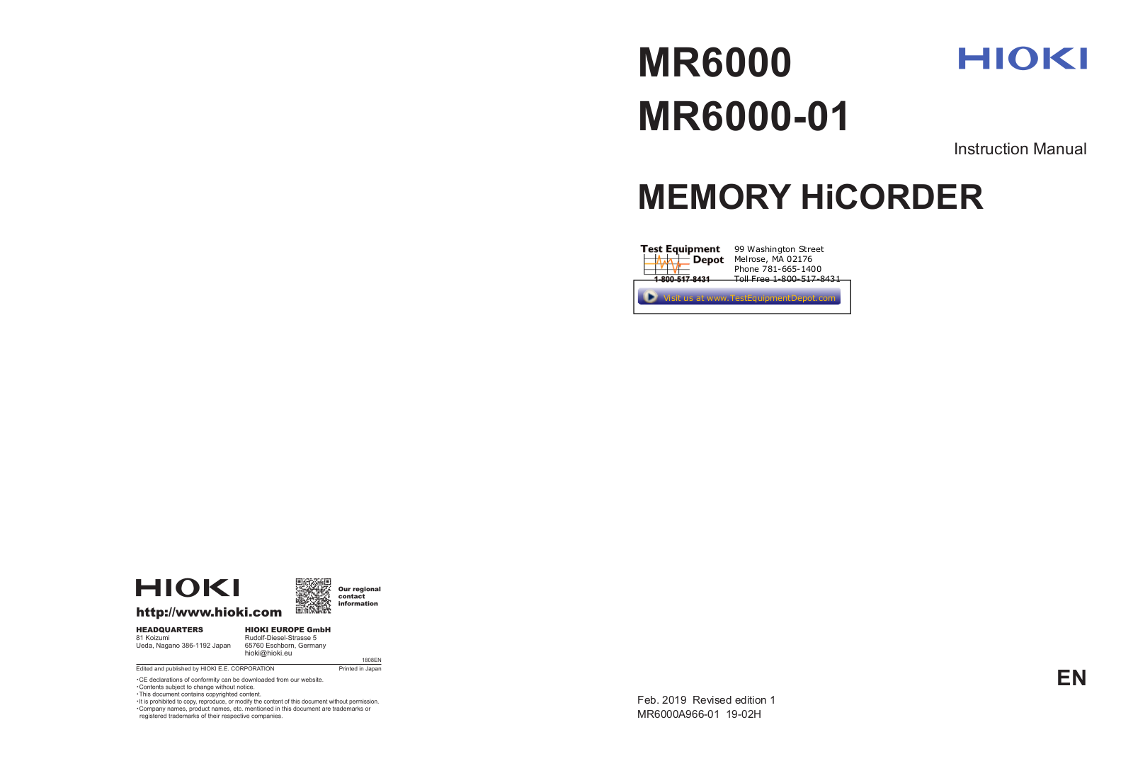 Hioki MR6000, MR6000-01 Instruction Manual