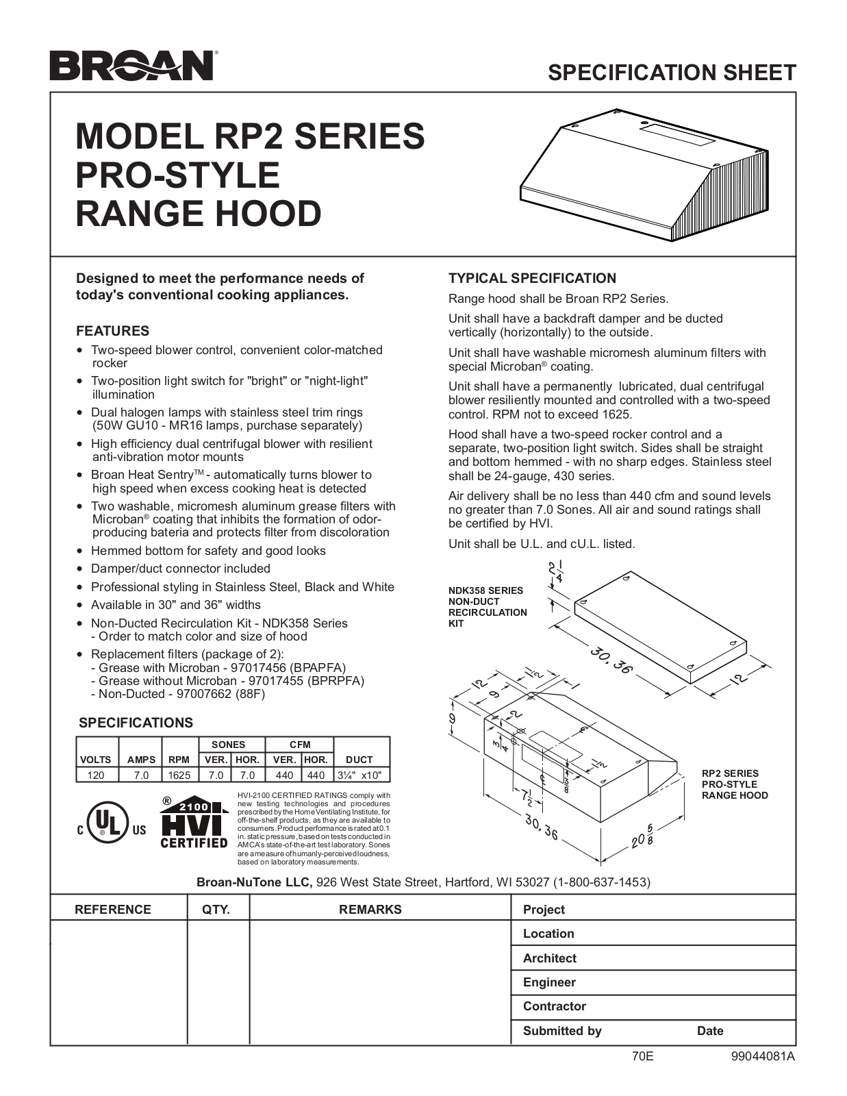 Broan RP236BL Specs