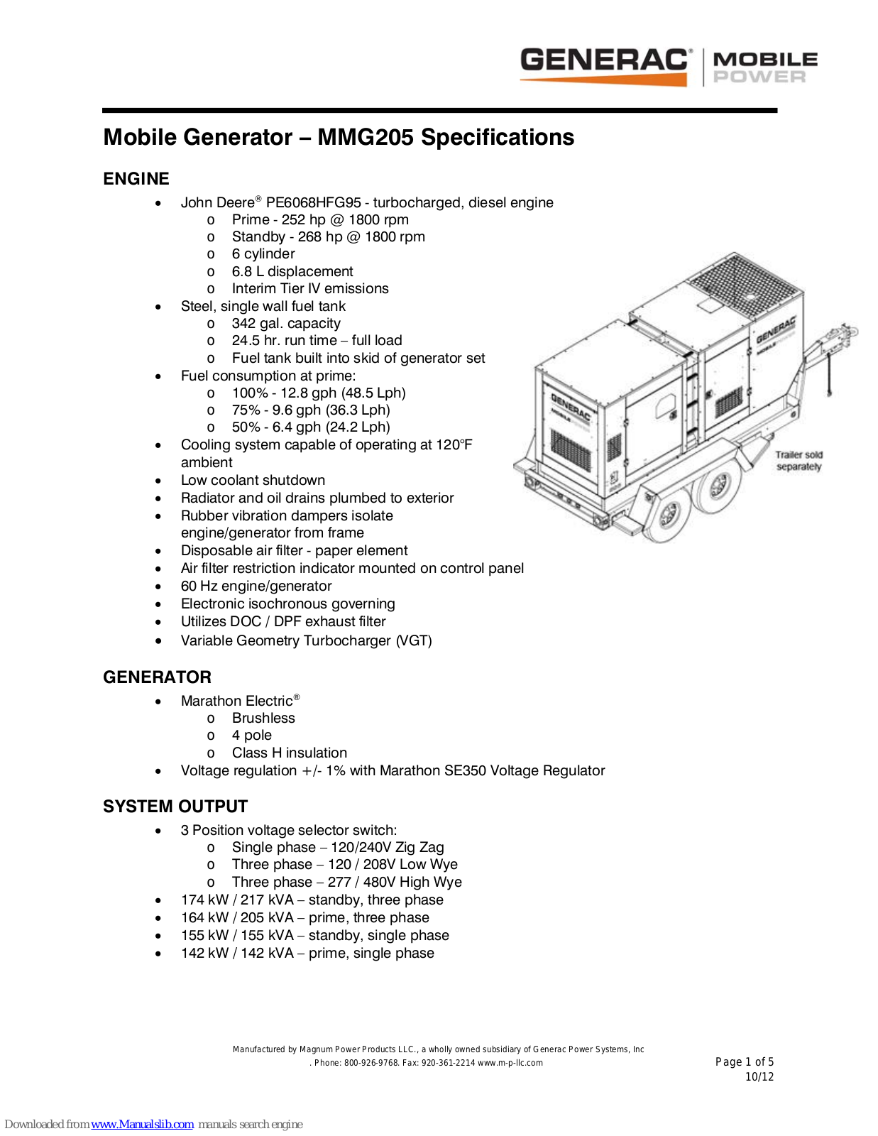 Generac Power Systems Mobile Power MMG205 Specifications