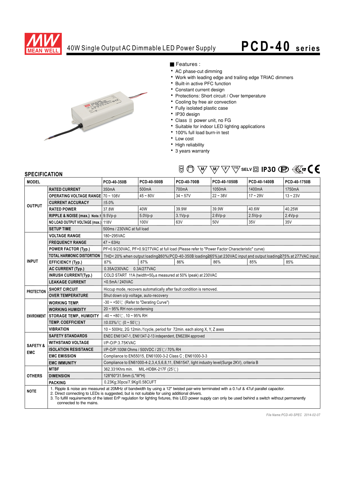 MEANWELL MW PCD-40-350B Datasheet - ManualMachine.com