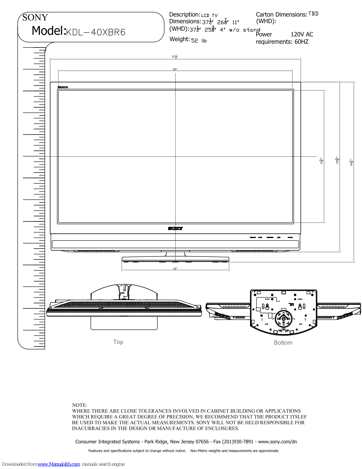 Sony BRAVIA KDL-40XBR6 Specifications