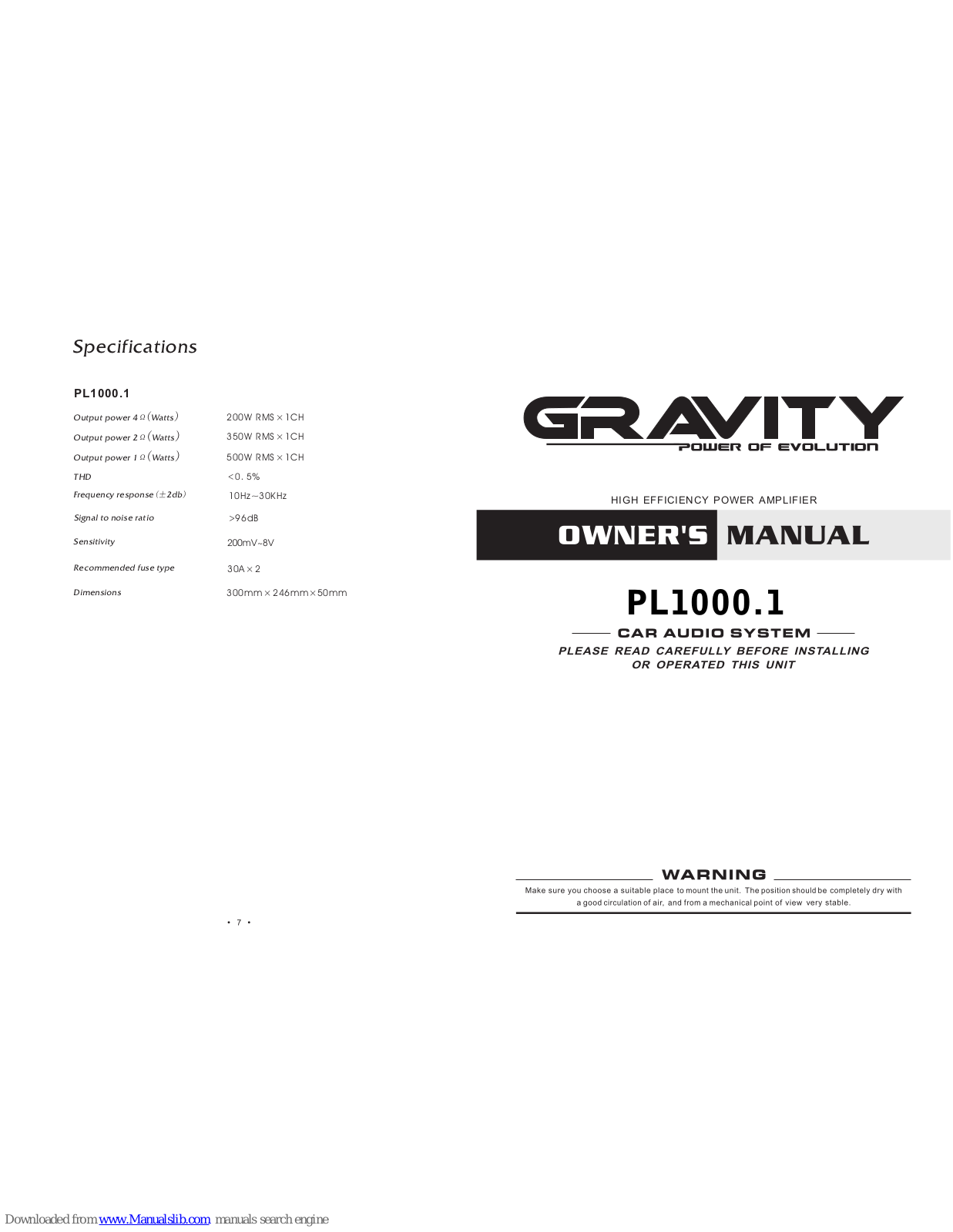 GRAVITY PL1000.1 Owner's Manual