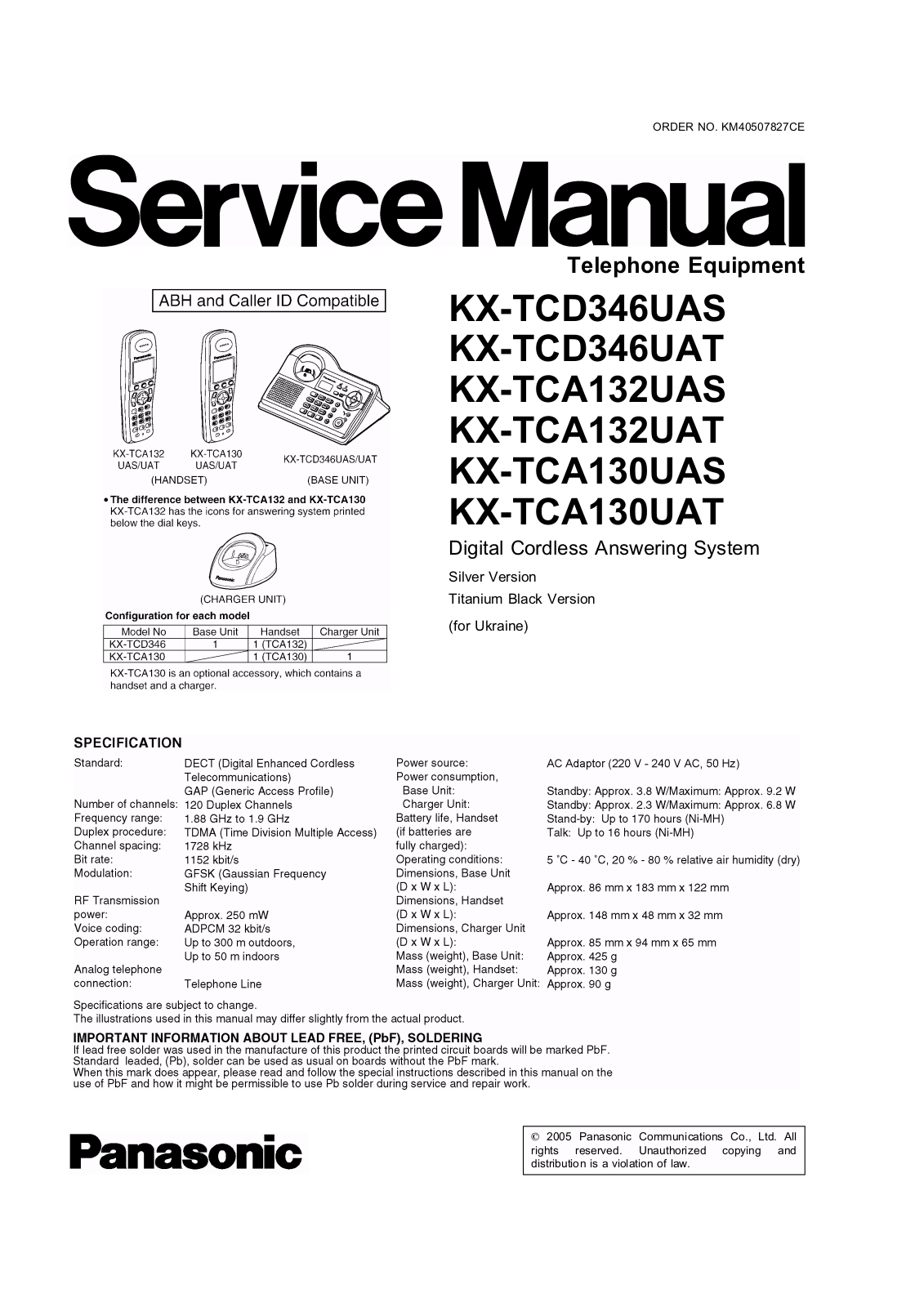 Panasonic KX-TCD346, KX-TCA132, KX-TCA130 Service manual