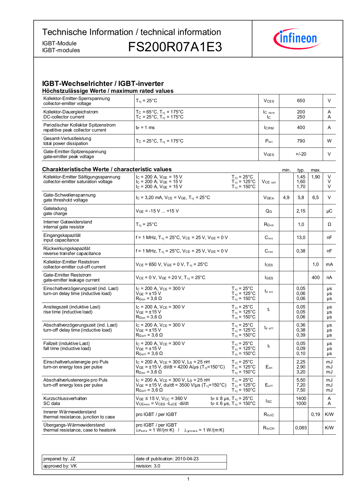 Infineon FS200R07A1E3 Data Sheet