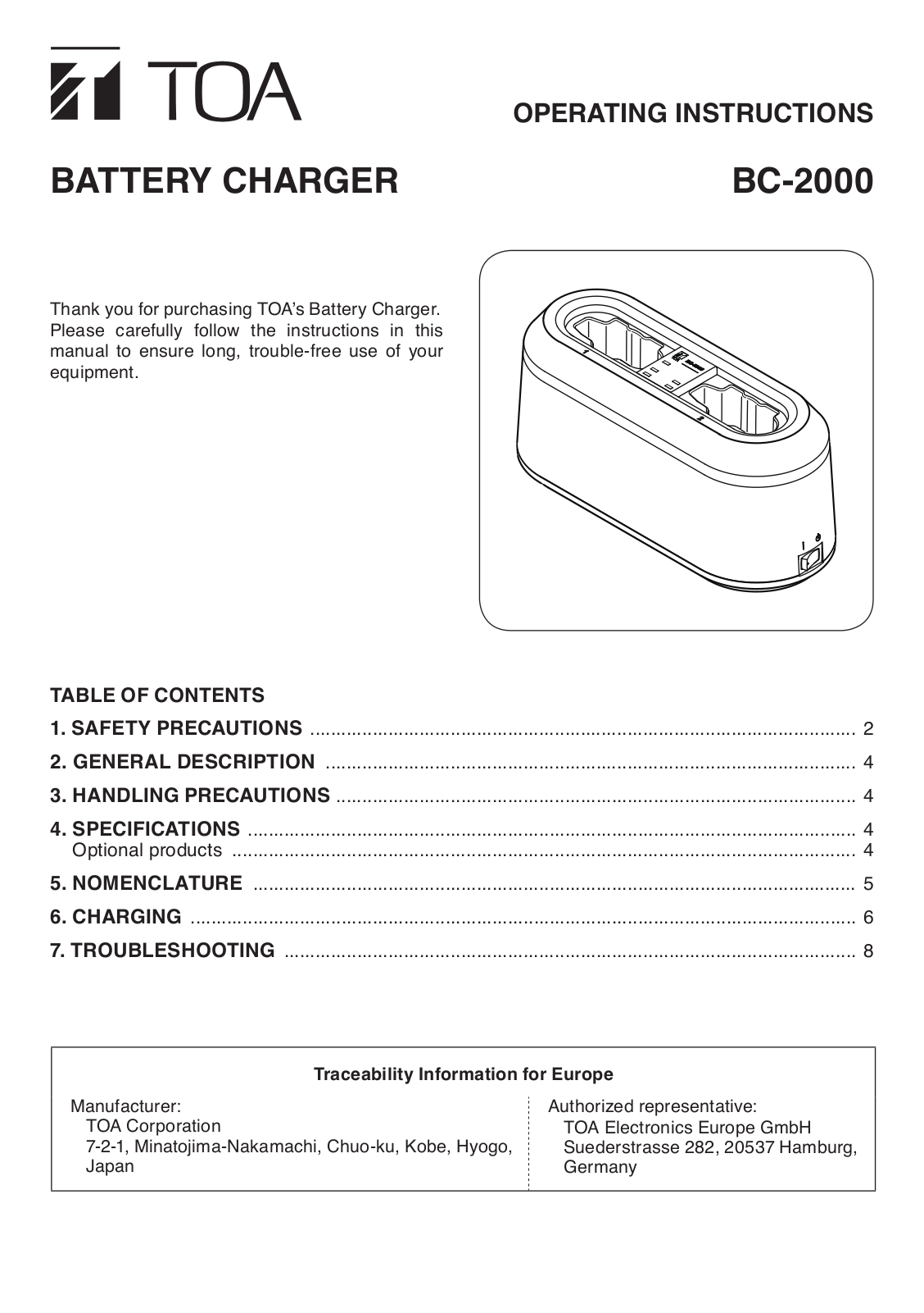 Toa BC-2000 Operating Instructions Manual