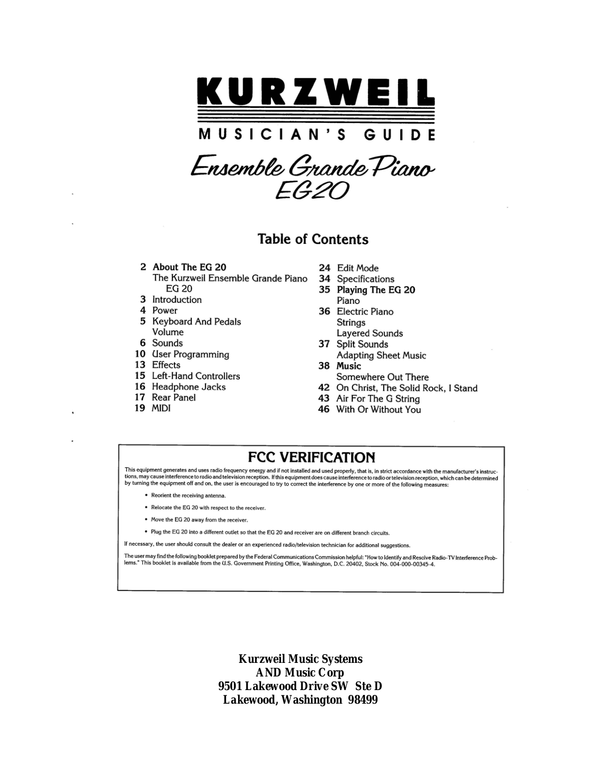 Kurzweil Music Systems EG-20 User's Manual