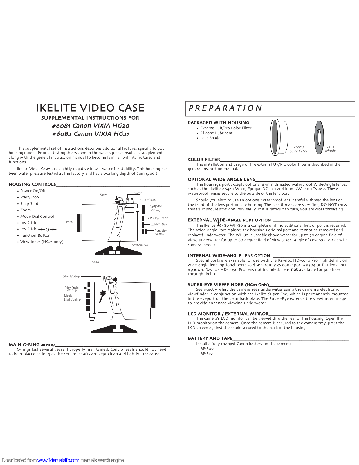 Ikelite Canon 6081, Canon 6082, Canon HG-20, Canon HG-21, 6081 Supplemental Instructions