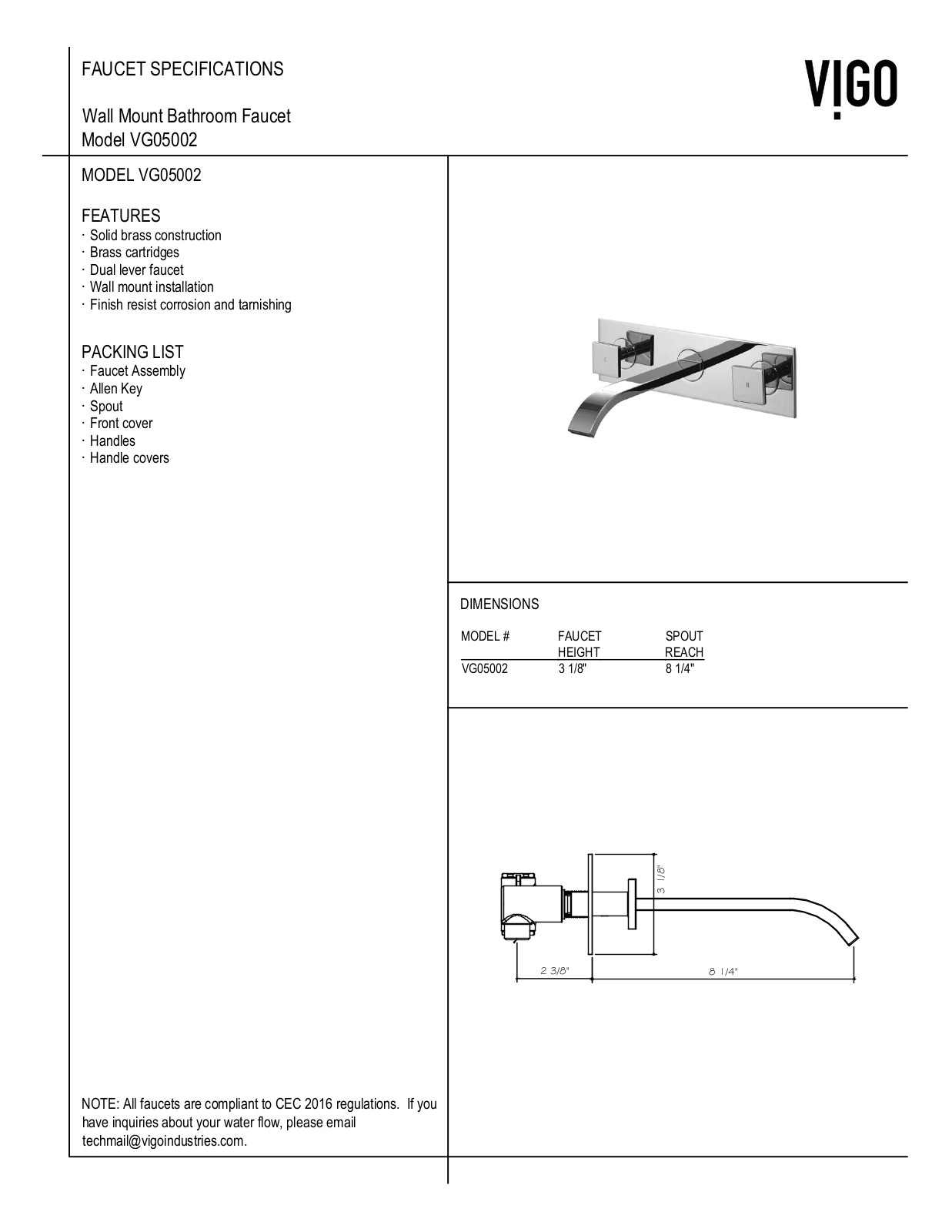 Vigo VGT289 Specifications