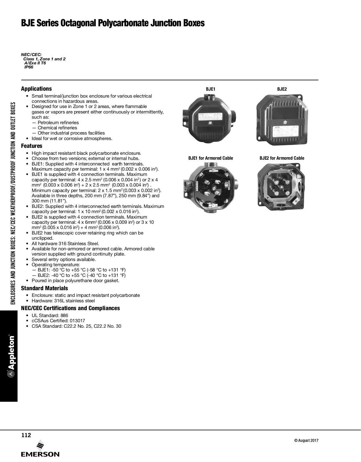 Appleton BJE Series Octagonal Polycarbonate Junction Boxes Catalog Page