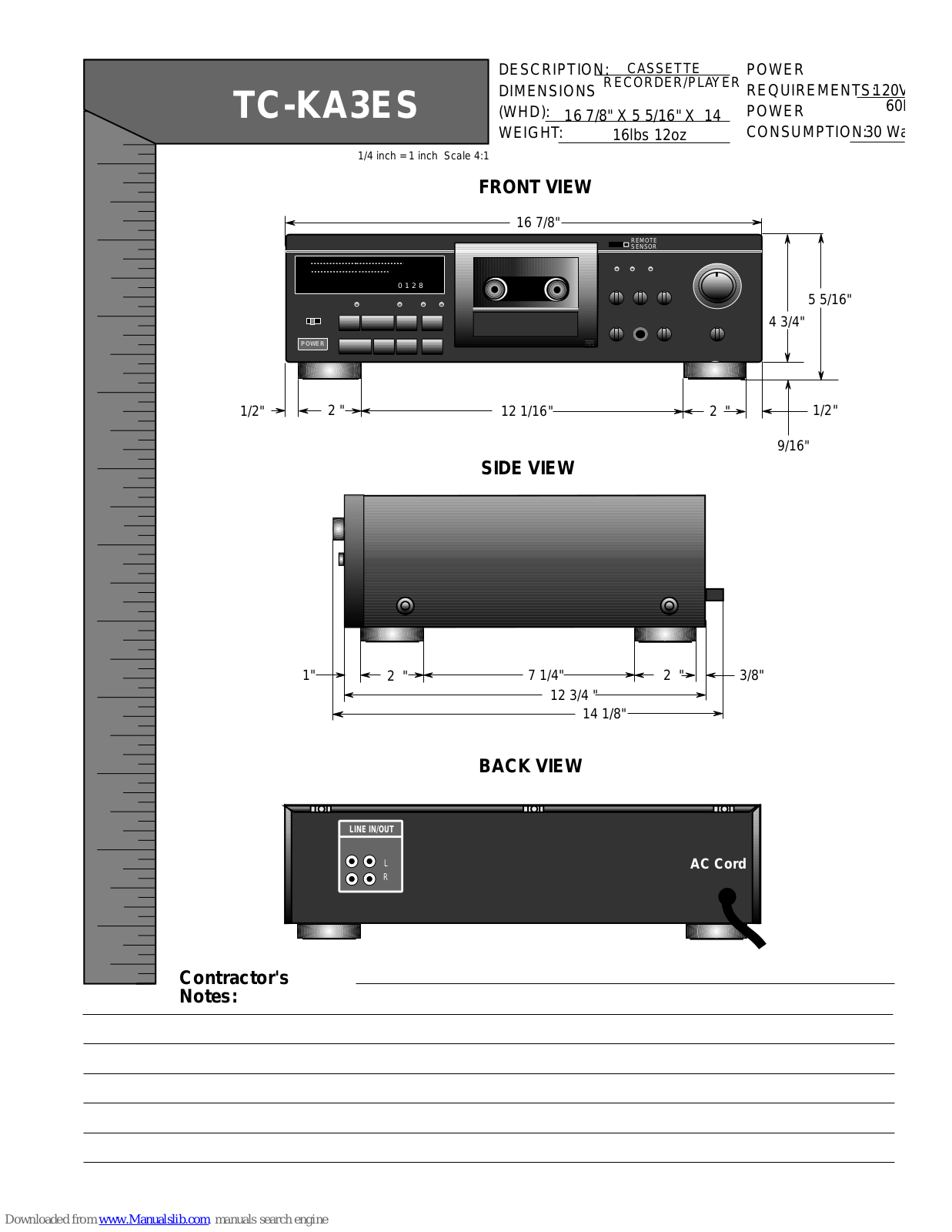 Sony TC-KA3ES - Cassette Deck Product Dimensions