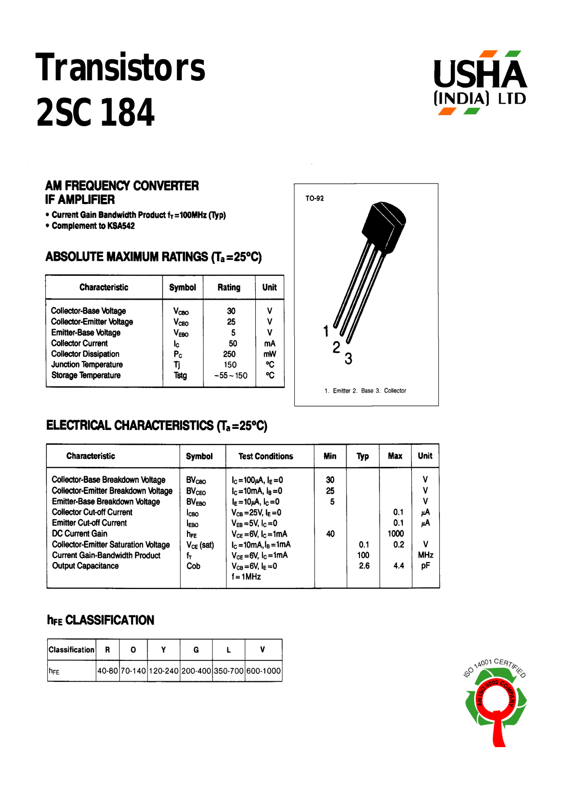 USHA 2SC184 Datasheet