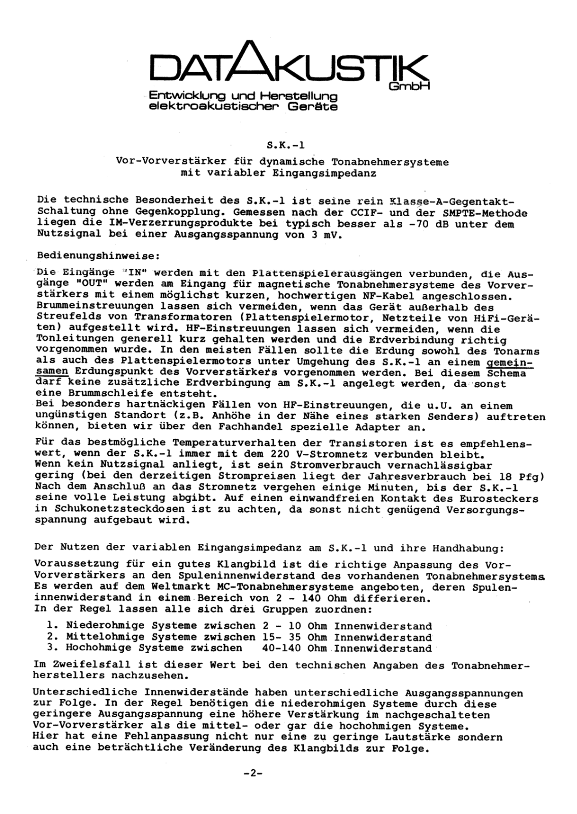 Dai-Ichi Electronics SK-1 Owners manual