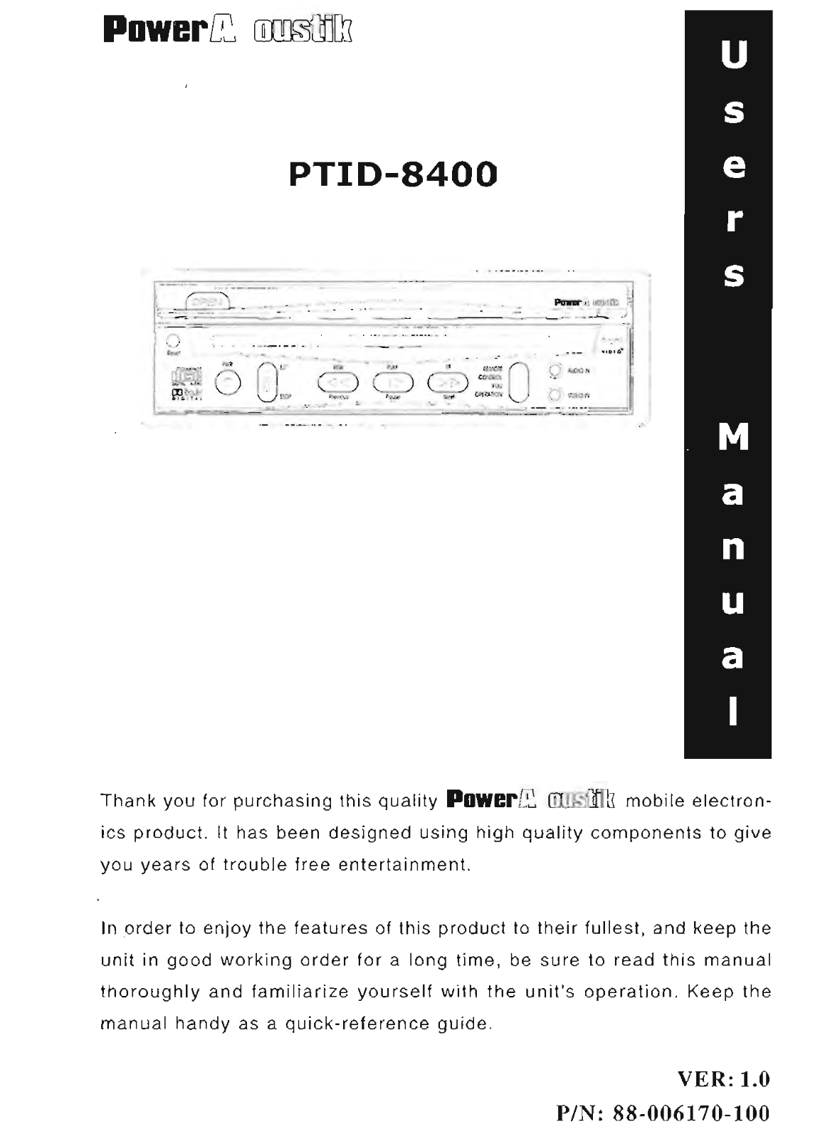 Power Acoustik PTID-8400 Owners Manual