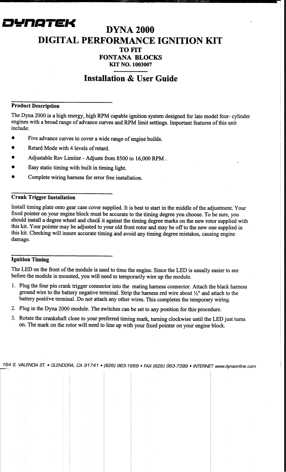 Dynatek 1003007FONTANASPRINT User Manual