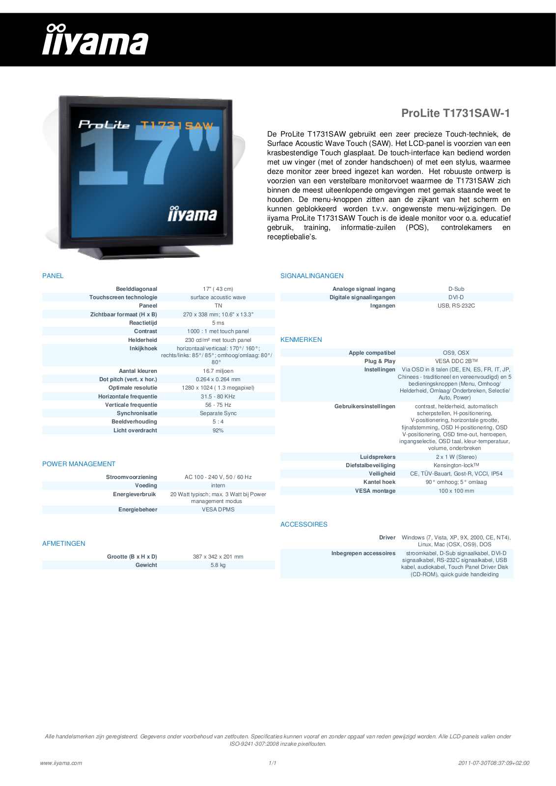 Iiyama PROLITE T1731SAW User Manual