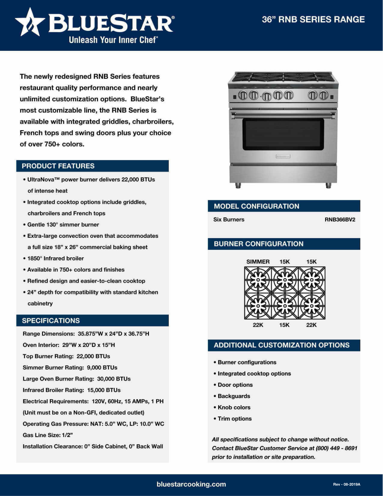 BlueStar RNB366BV2LCCPLT Specifications