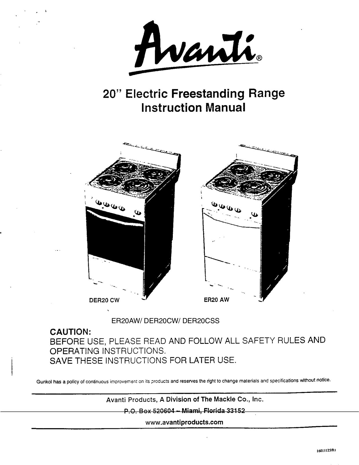 Avanti ER20AW, DER20CW, DER20CSS User Manual