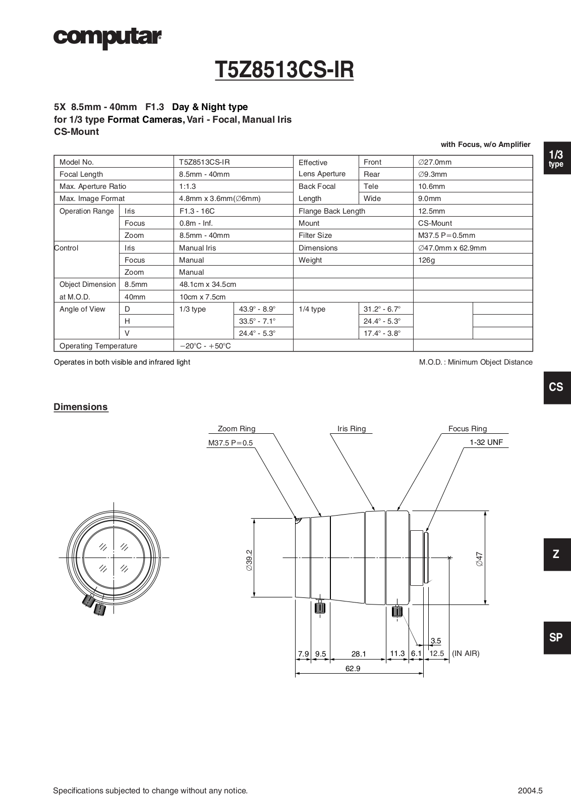Computar T5Z8513CS-IR Specsheet