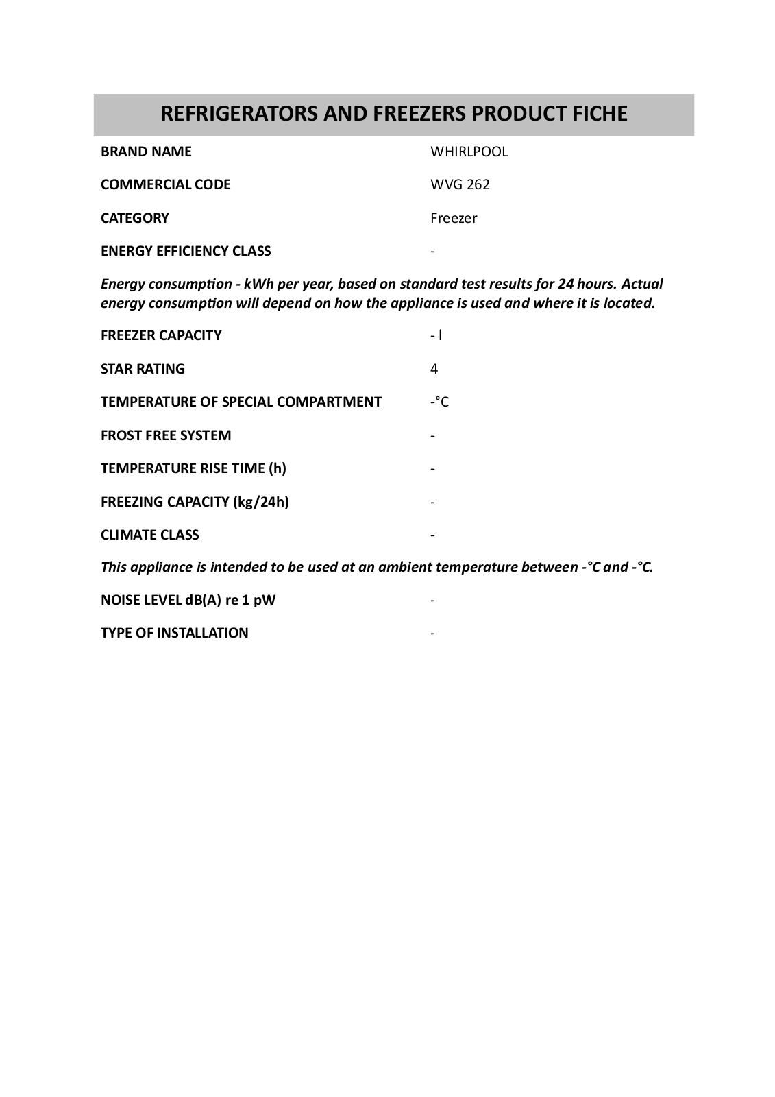 Whirlpool WVG 262 Product datasheet