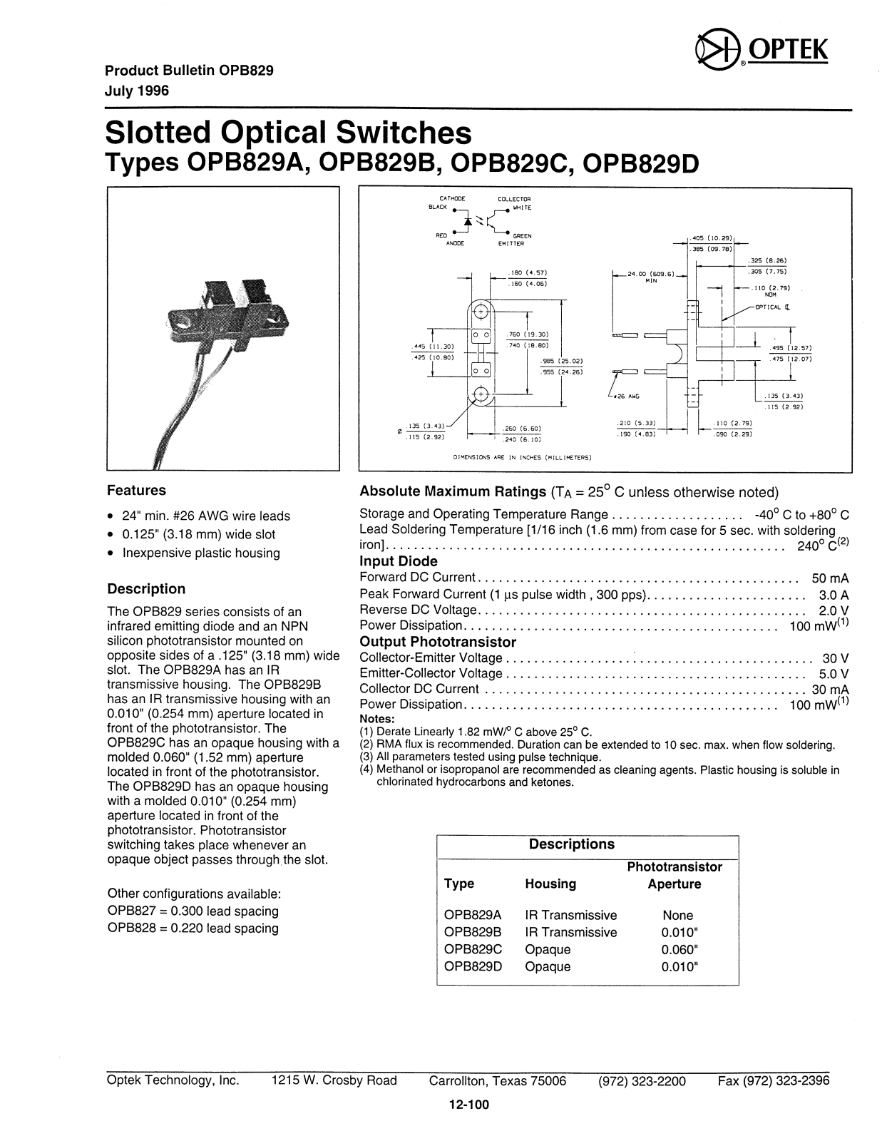 OPTEK OPB829D, OPB829A, OPB829C, OPB829B Datasheet