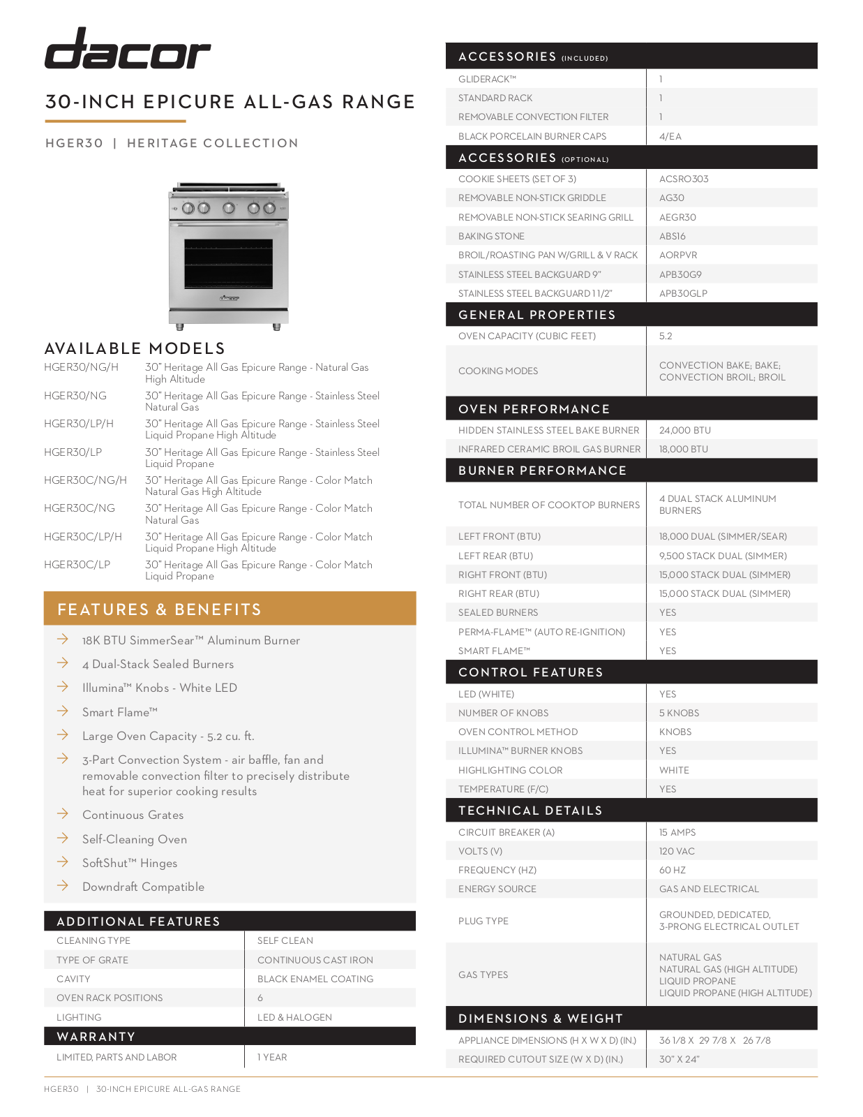 Dacor HGER30SLP Specsheet