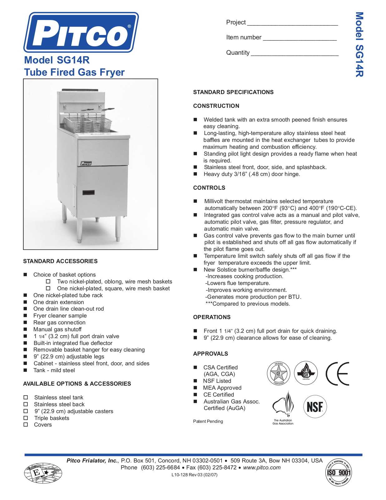 Pitco Sg14r Specification Data